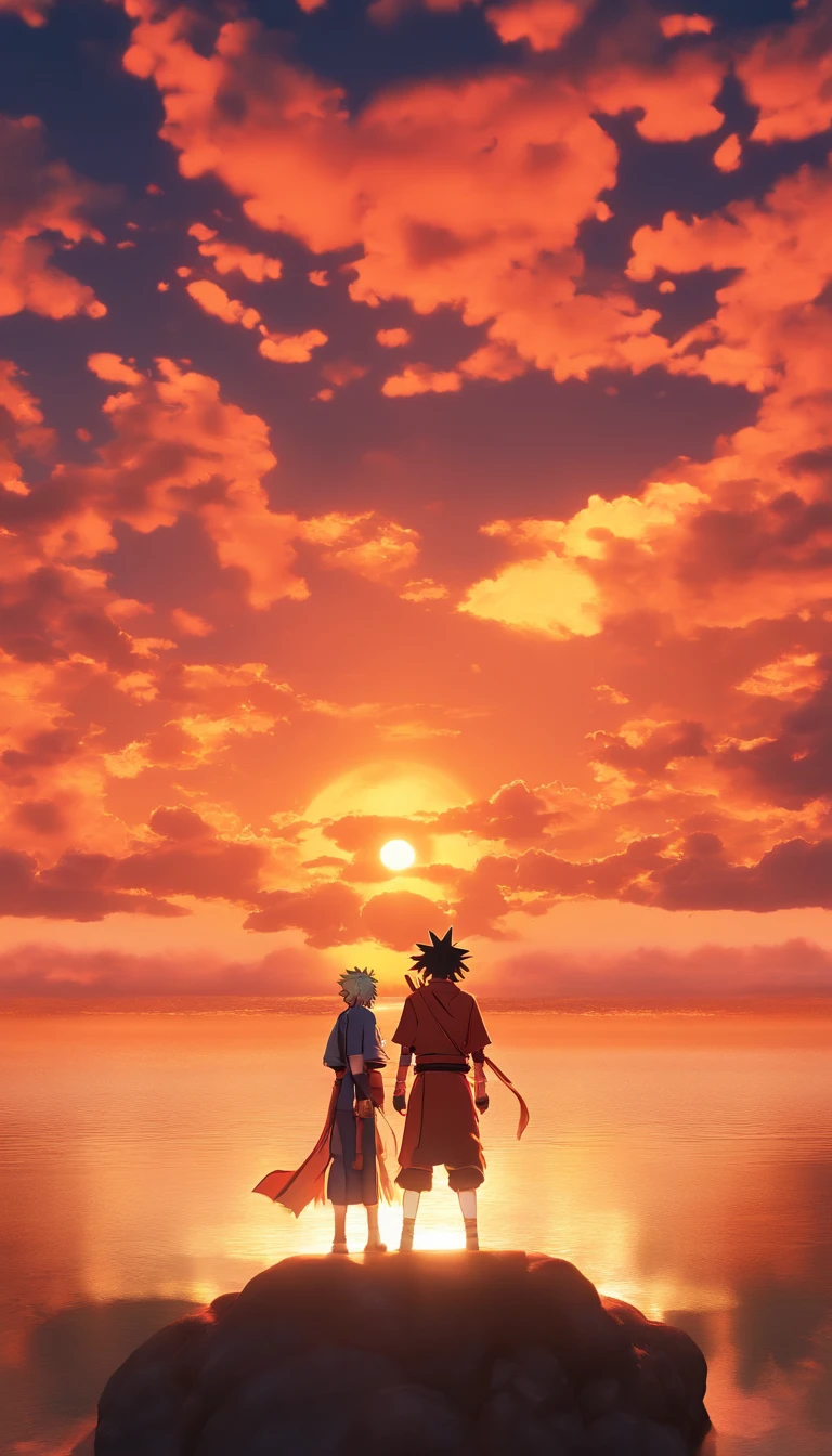 Naruto and Luffy stand face to face in an epic showdown, their silhouettes against a fiery sunset backdrop, cinematic, dramatic, lighting.