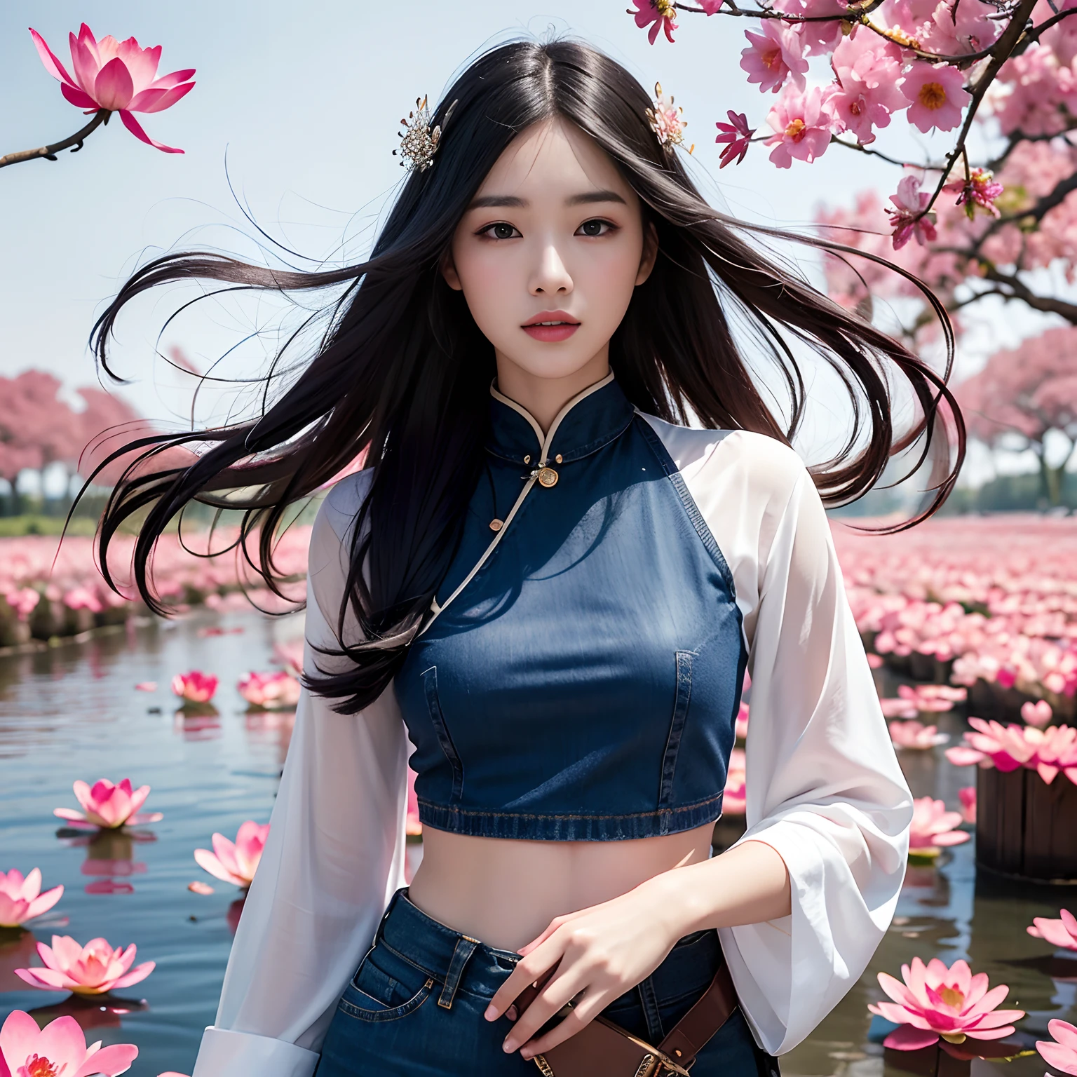 32K(tmasterpiece,k hd,hyper HD,32K)Long flowing black hair,ponds,zydink, a color, Aozhou people (Concubine girl), (Silk scarf), Combat posture, looking at the ground, long whitr hair, Floating hair, Carp pattern headdress, Chinese long-sleeved clothing, (abstract ink splash:1.2), Pink petal background,Pink and white lotus flowers fly(realisticlying:1.4),Black color hair,Fallen leaves flutter,The background is pure, A high resolution, the detail, RAW photogr, Sharp Re, Nikon D850 Film Stock Photo by Jefferies Lee 4 Kodak Portra 400 Camera F1.6 shots, Rich colors, ultra-realistic vivid textures, Dramatic lighting, Unreal Engine Art Station Trend, cinestir 800,Long flowing black hair,Denim skirt