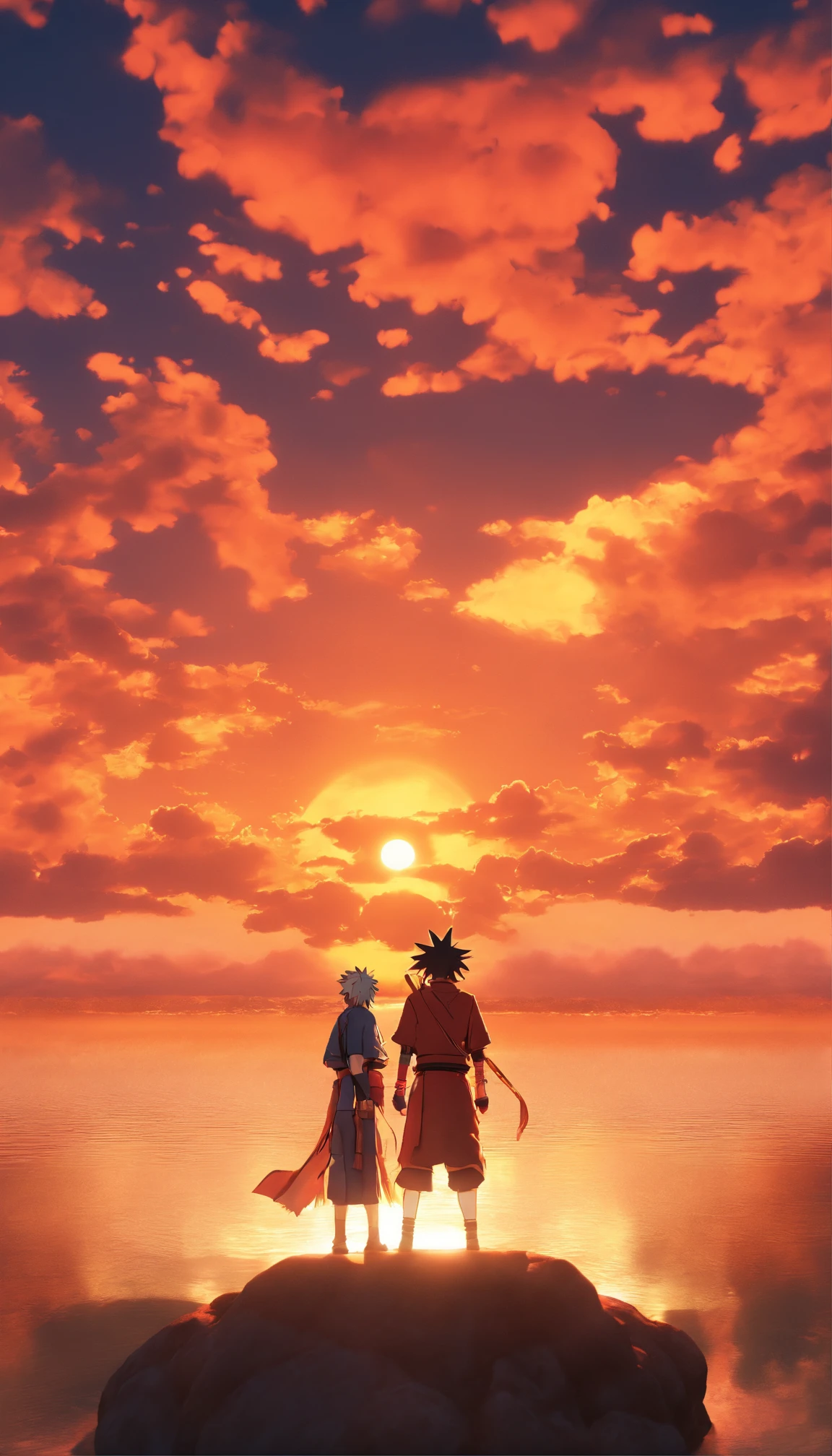 Naruto and Luffy stand face to face in an epic showdown, their silhouettes against a fiery sunset backdrop, cinematic, dramatic, lighting.