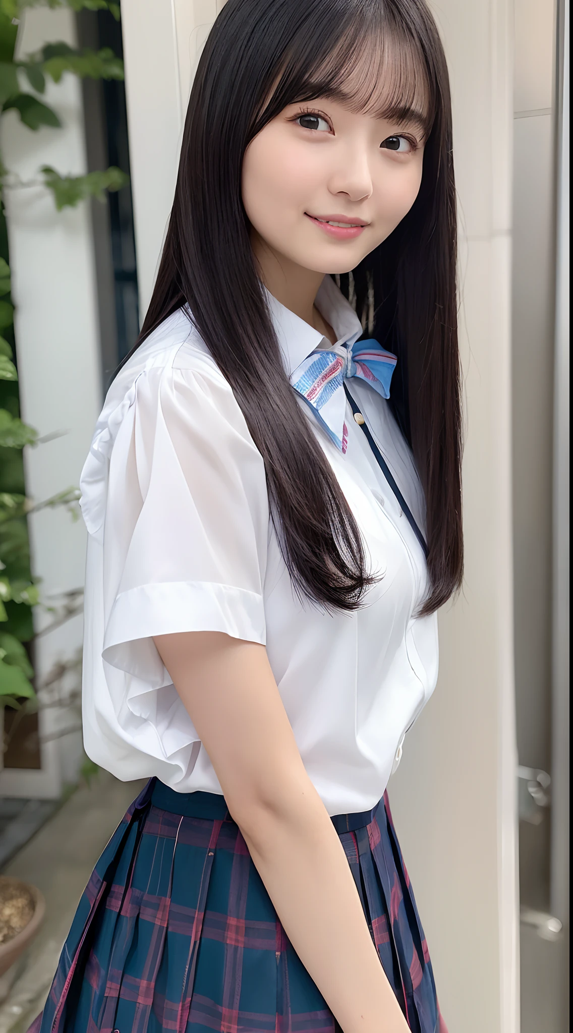 (Best Quality, 8K, 32K, masutepiece, nffsw:1.2),Hyper Detail Hair,Photo of Pretty Japanese girls,1girl in,18year old,japanaese girl,(A dark-haired:1.5),School uniform,White shirt,a bow tie, (directly in front:1.2), evening, sunburst, ((Smile:1.2)),((From shoulder up:1.2)), ((up of face:1.2)),