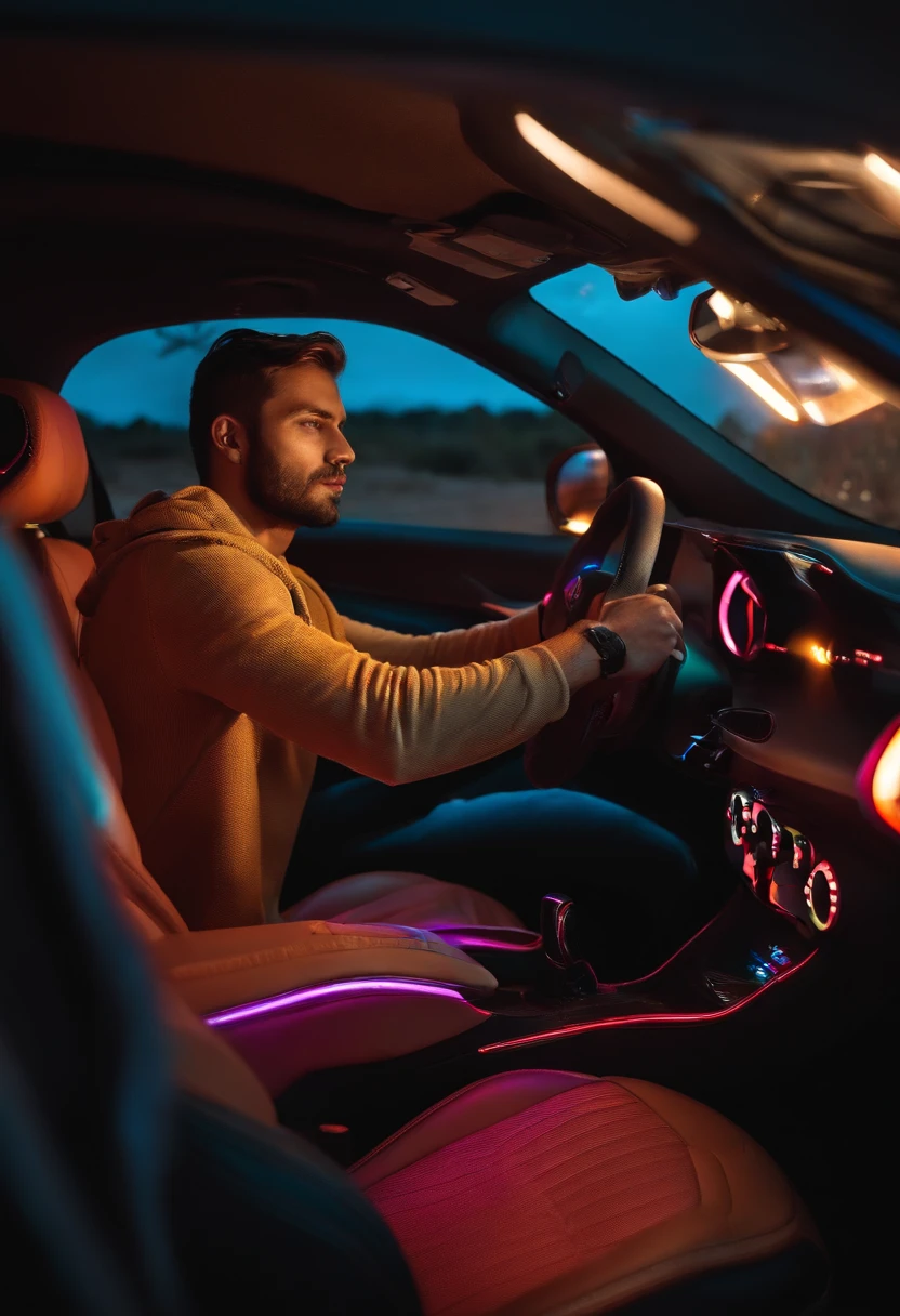homem dentro do carro vista pra janela em noite estrelada tecnologia carro gamer led coloridoo