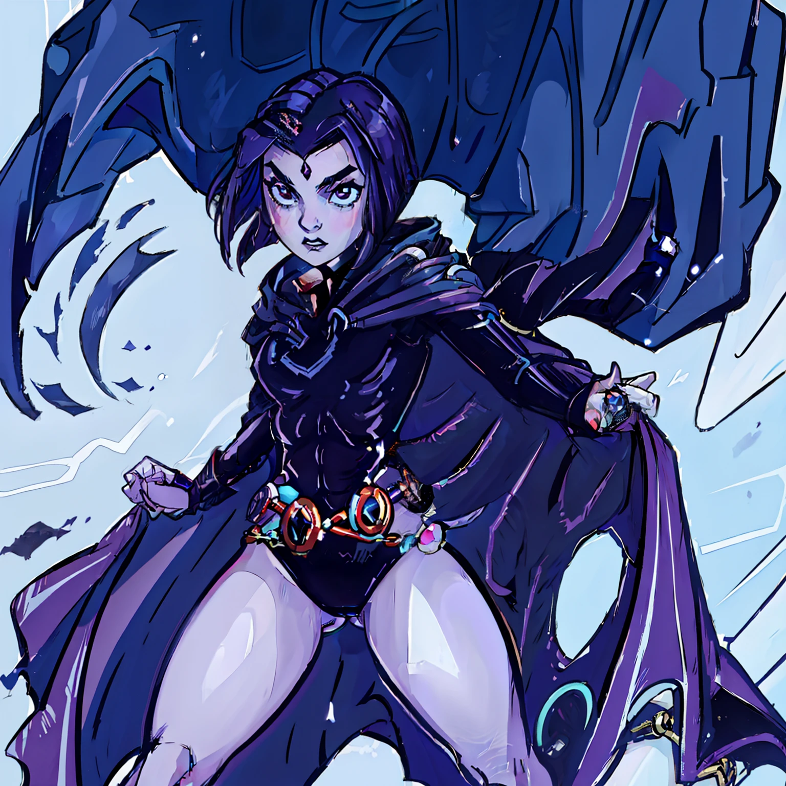 RavenTT, solo Raven DC drawn with comic book traits, navy-blue cloak, black leotard, brooch, belt