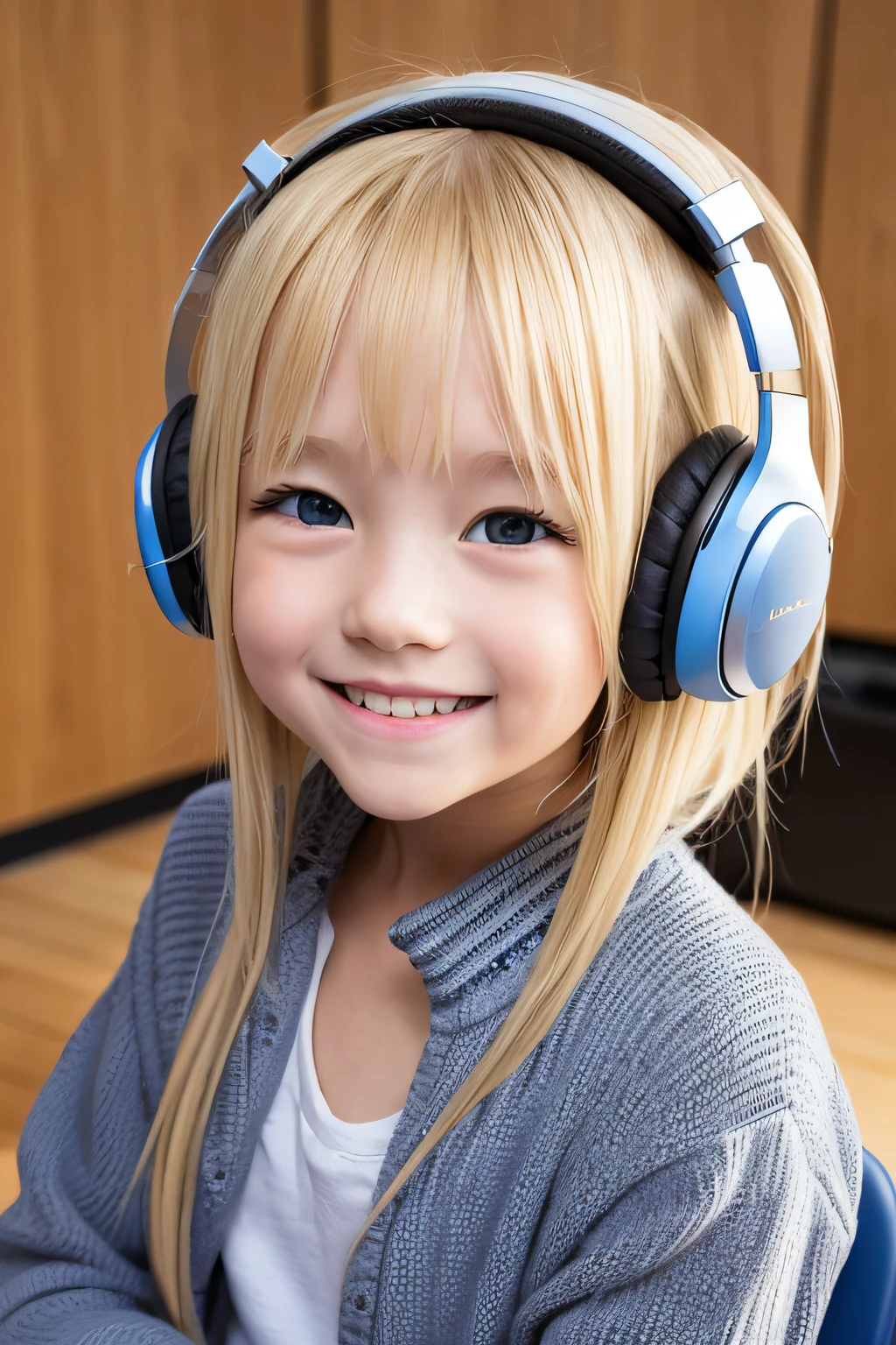 Foreigners wearing headphones　a blond　　study　　Laughing　cute little　bule　Facing the front