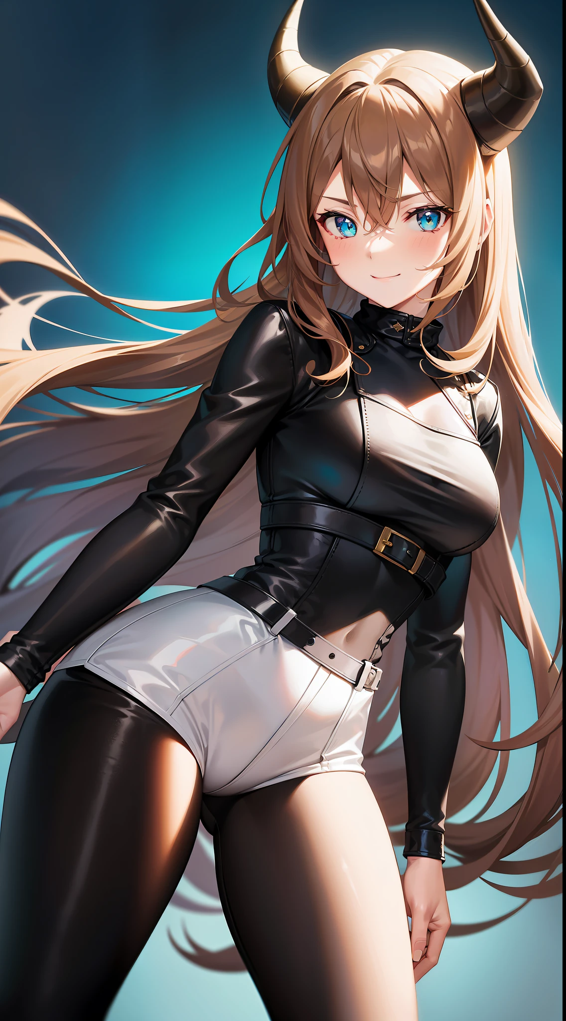 Adult woman, Long brown hair, hair in a bun, Cyan eyes, dragon horns, black tight pants, Black tight top, White leather jacket, ssmile, Masterpiece, hiquality