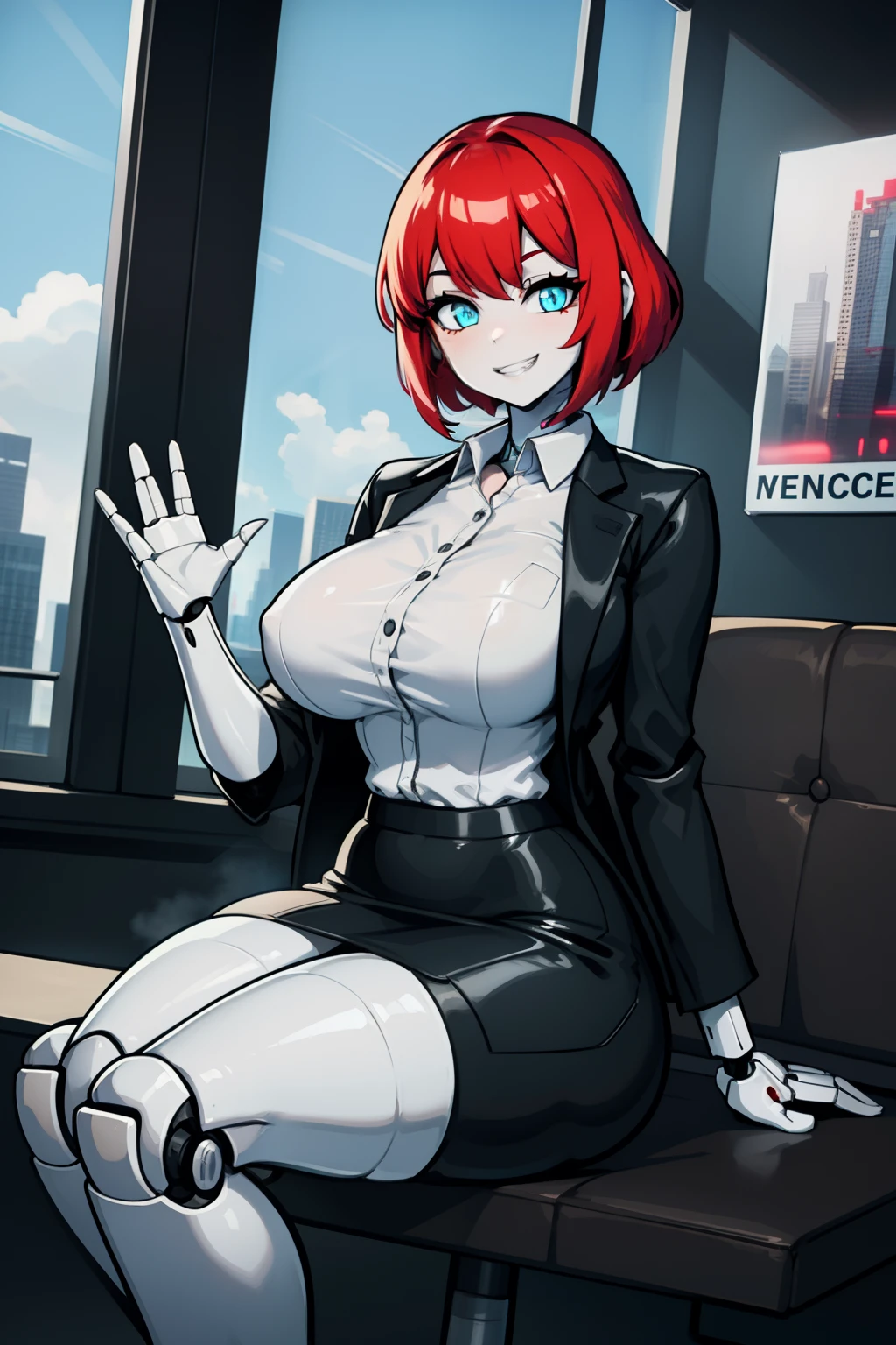 1girl,short hairs,red hairs,light blue eyes, curvy, huge breasts, humanoid robot, waving, joints, robot, robot joints, shiny, shiny skin, solo, thick thighs, thighs, wide hips, robot, humanoid robot, robot girl,indoor,window,science fiction,skyscraper,sitting,city,grin,office lady,suit skirt,black jacket, white shirt,cyberpunk