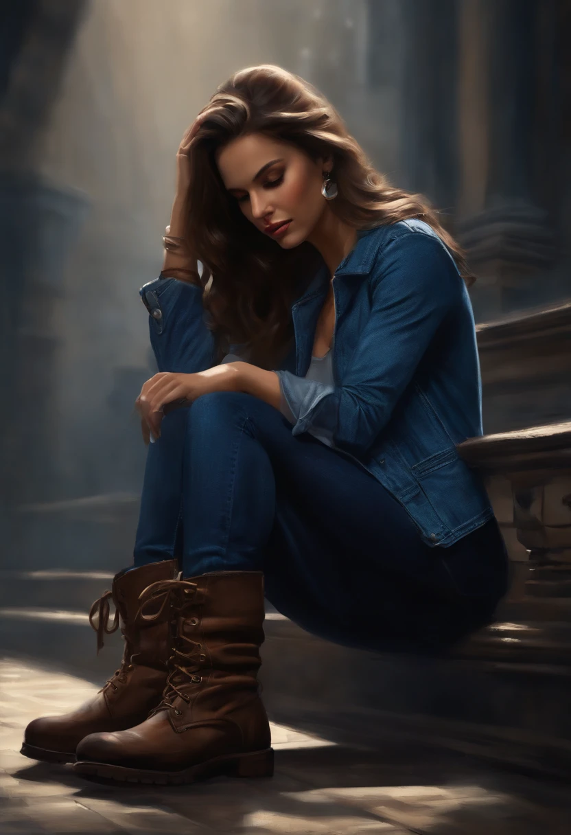 ((cena de suspense ((arte conceitual)), extremamente detalhado com uma  vestindo jeans azul, e casaco marrom e botas)), (better lighting, melhor sombra, um extremamente delicado e assustador), (digital illustation), ((Pintura 4k)), [(Dynamic angle,((1girl)),cabelos brancos, (beautiful face, rosto perfeito, assustado,) fear expression, Roupas rasgadas, A gun in your hand, sitting on the floor, darkeness, casa assustadora),  [:(Escuro, Misterioso, pintura do jogo, eerie scenery, corredores irregulares, casa grande, Deadly silence):]