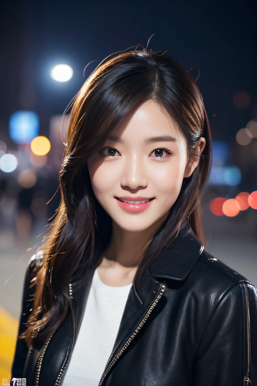 (8k, RAW Photos, Best Quality, High Resolution: 1.1), (Ultra Realistic: 1.4), (Realistic, Photorealistic: 1.3), Soft Light, Big Girl, Realistic Face, Realistic Body, Realistic Skin, Absurdity, Masterpiece, (Cute: 1.8), Cuties, Solo, (Large: 1.2), Detailed Black Eyes, Innocent Eyes, Cheeks, (T-Shirt: 1.2), Cinema Light, Film Grain, (((Rucksack: 1.1)), Cherry Colored Lips, Close-up, Look Viewer, Upper Body, Open Lips, Upper Teeth, (Smiling Eyes: 0.6), ((grinning: 1.2)), Depth of Field, Blurred Background, Eye Focus, Bokeh, Midnight, Shinjuku, Neon Sign, Cyberpunk, Rain, 85mm Lens, f/1.4, Professional Lighting, Young, Portrait, Photon mapping, radiosity, and physically based rendering