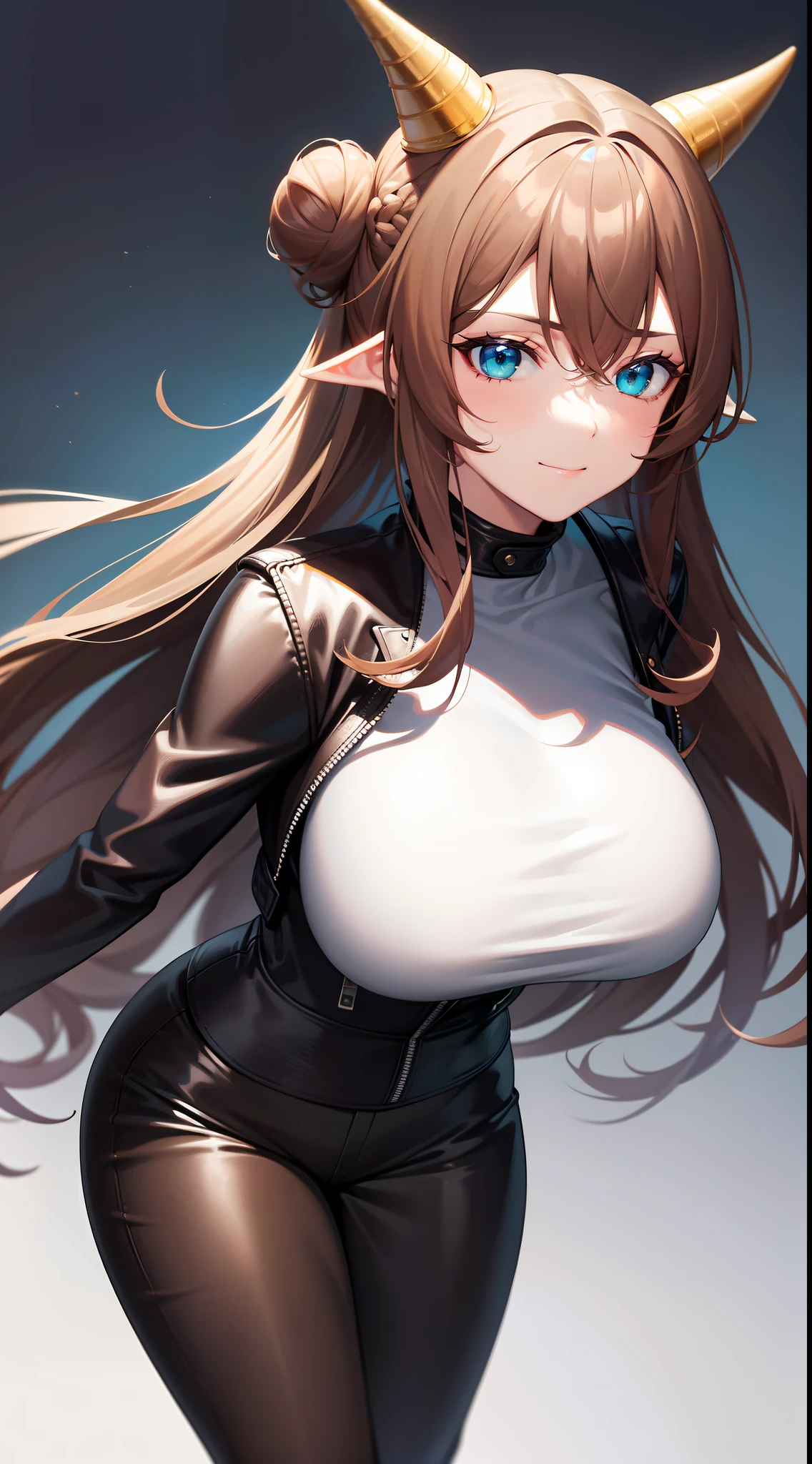 Detail image, realistic image, 1 elf. smiling. She has medium long brown hair which has strands of hair hanging over the right side of her face, large blue eyes and a delicate oval face, small breasts and a slim, curvy figure. She is wearing an off-shoulder sweater, pleated mini skirt. thin thong. sneakers. Full body view. Black background, Uniform background. Ambient light. Volumetric Light