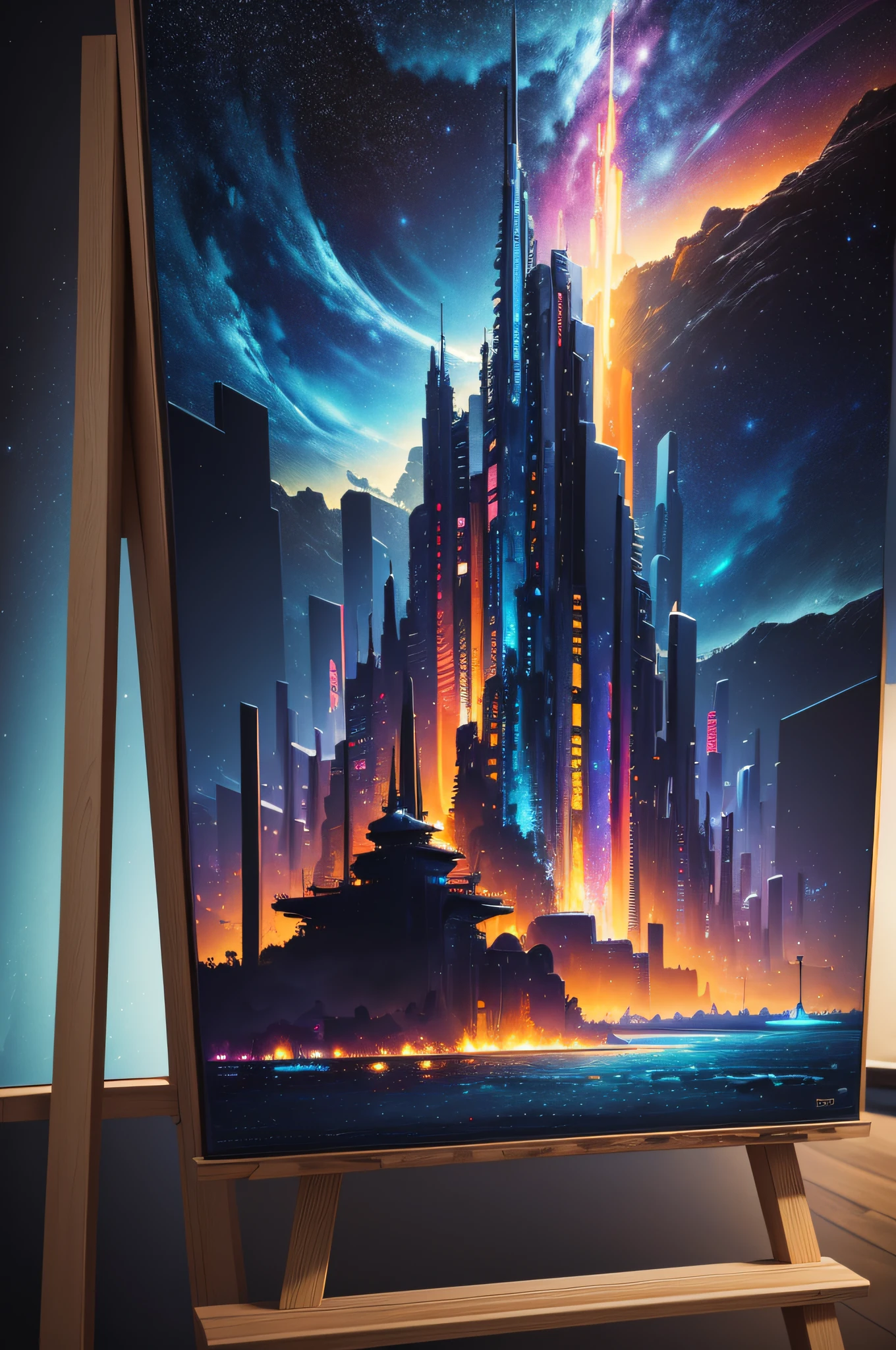 8K Ultra HD, highly detailed, Abstraction, Oil, Sketch, Neo Tokyo landscape made of starry sky, Cubism, Brush, Palette, Easel, Pigment, Stroke, Composition, Mixed media, Texture, Contrast, Depth, Creativity, Imagination, Ceramic, Cerulean, Vermilion, Impasto, Glaze, Grayscale, Fauvism, Renaissance,
