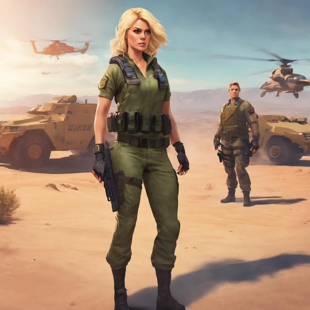 A blonde woman wearing a white military suit stands at the center of the image, emanating confidence. Her attire emphasizes her militaristic nature. The suit is perfectly tailored, highlighting her toned figure and exuding elegance. Her blonde hair flows effortlessly, adding a touch of femininity to her strong presence. Her features are noble and fey.

To the left of the image, a blond man stands tall, dressed in tactical gear. His subtle muscular physique suggesting his physical prowess and readiness for action. His gear is meticulously and professionally arranged, showcasing his expertise in his field. There is an air of alertness surrounding him, hinting at his vigilance.

On the right side of the image, another blonde woman is depicted, also wearing tactical gear. She shares the man's vigilance with her gaze. Her opaque sunglasses giver her an air of mystery, and her short messy blonde hair hints at the necessity of short hair in the line of duty. She also has a slightly muscular, yet still feminine physique.

The image is of the highest quality, captured in stunning 4K resolution. Every detail is meticulously rendered, from the intricate textures of the military suits to the strands of hair flowing in the wind. The realism of the image is breathtaking, transporting the viewer into the scene itself.

The overall artistic style of the image leans towards a still portrait. The intensity of the characters' gazes and their commanding postures create a sense of regal aura. The color palette is bold, with contrasting tones that enhance the visual impact of the image. The lighting casts dramatic shadows, adding depth and dimension to the scene.

The depiction of the blonde woman in the center, flanked by the blond man and the other woman, creates a balanced composition. The viewer's attention is drawn towards the central figure, emphasizing her importance and leadership. The characters' placement and body language convey a sense of trust and camaraderie.