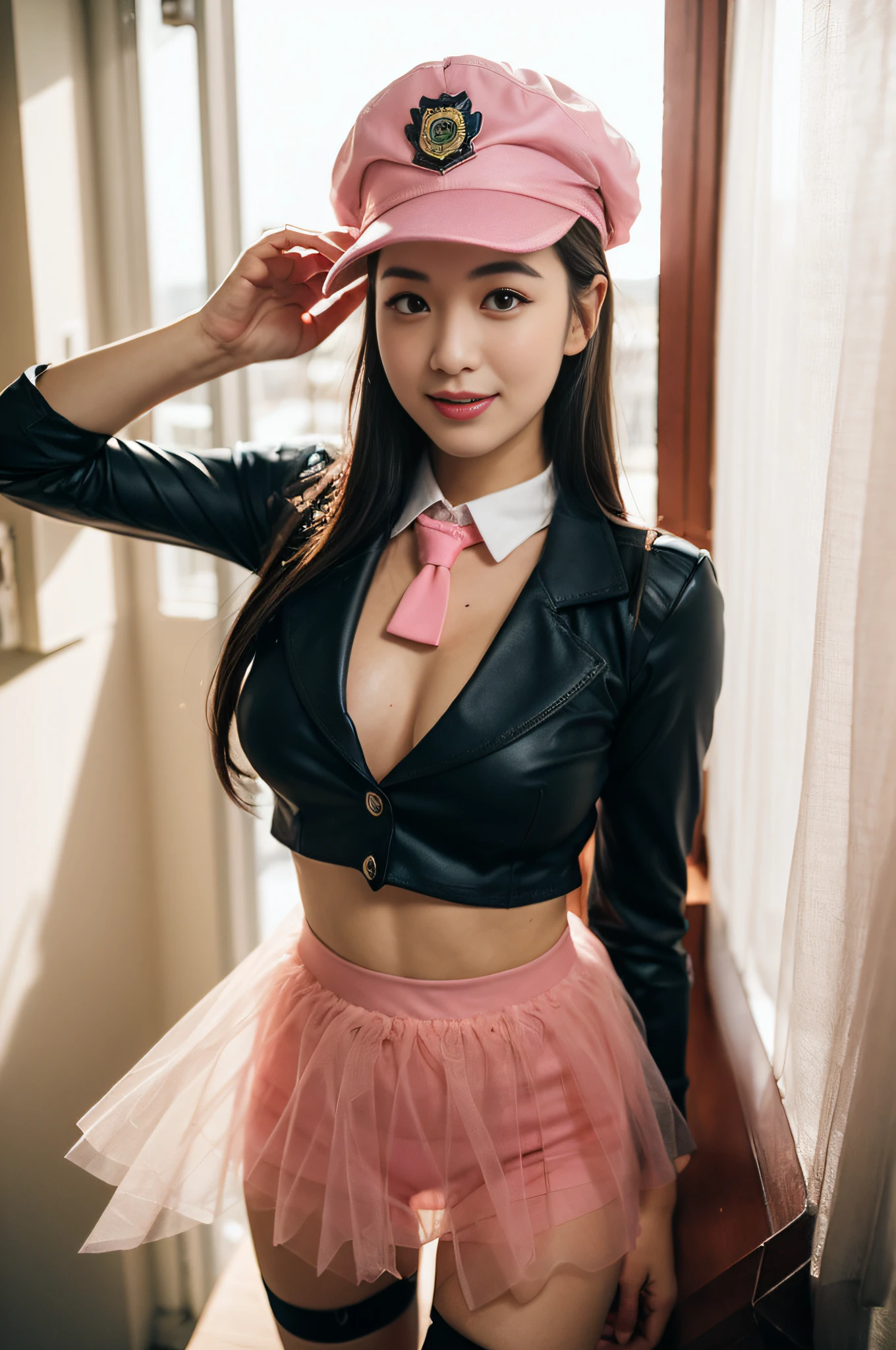 (((pink collared police officer shirt))),(((bare side breast))),(((bare inner thigh and pink over-kneehighs))),(((show pink panty))),(((wear a pink tie and cleavage pink cutout))),(((wear a regulation pink police cap and pink tulle miniskirt lift:1.5))),(((bare shoulders and detached sleeves))),ulzzang-6500-v1.1, (Raw photo:1.2), (Photo realistic:1.4), a beautiful detailed girl, extremely detailed eye and face, beautiful detailed eyes, ultra-detailed, High resolution, top-quality, ​masterpiece, highly detailed, 8k wallpaper, Wonderful, finely detail, top-quality, Light on the face,电影灯光,1girl in,(prison bedroom),Beautiful eyes,smile,Opening Mouth