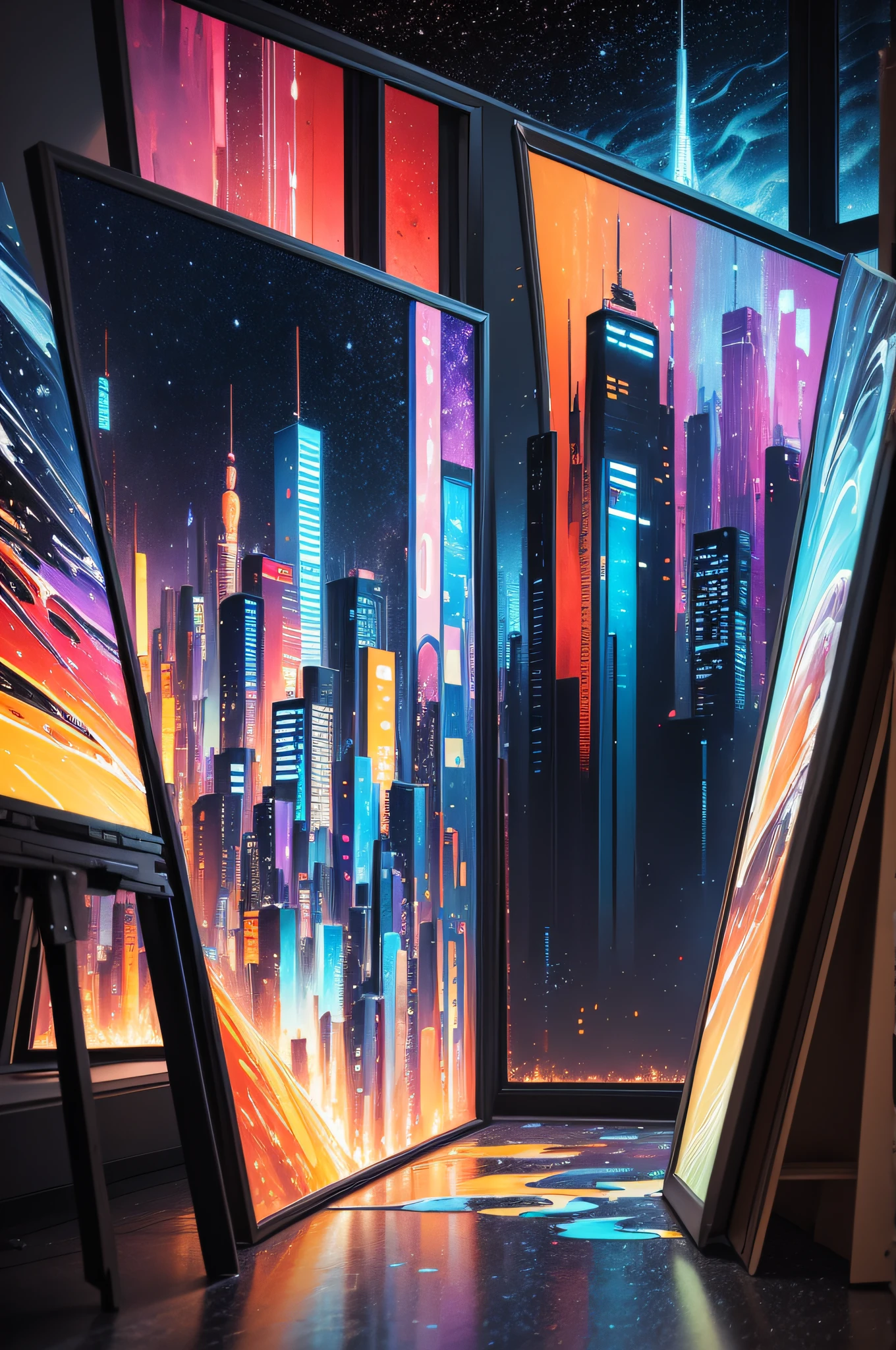 8K Ultra HD, highly detailed, Abstraction, Oil, Sketch, Neo Tokyo landscape made of starry sky, Cubism, Brush, Palette, Easel, Pigment, Stroke, Composition, Mixed media, Texture, Contrast, Depth, Creativity, Imagination, Ceramic, Cerulean, Vermilion, Impasto, Glaze, Grayscale, Fauvism, Renaissance,