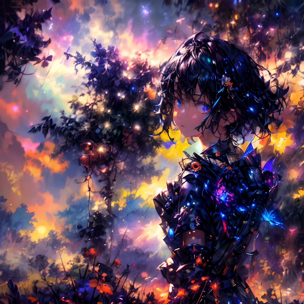 glitter neon odd-eyed eyes black hair short hair pocket watch necklace glasses girl cyberpunk vast photo、(Bottom view showing open country above and below)、Girl standing in a flower garden and looking up(fullmoon:1.2)、(shooting stars:0.9)、(nebulas:1.3)、mountain in the distance、BREAK tree Production Art、(Warm light source:1.2)、(fireflys:1.2)、abajour、Lots of Purples and Oranges、intricate detailes、Volumetric lighting、BREAK Realism(master piece: 1.2) , (Top image quality), 4K, The ultra-detailliert, (dynamic compositions: 1.4), high detailing, Colorful Detail, (Irridescent color: 1.2), (Bright lighting, Atmospheric lighting), dream-like, Magical, (独奏: 1.2)