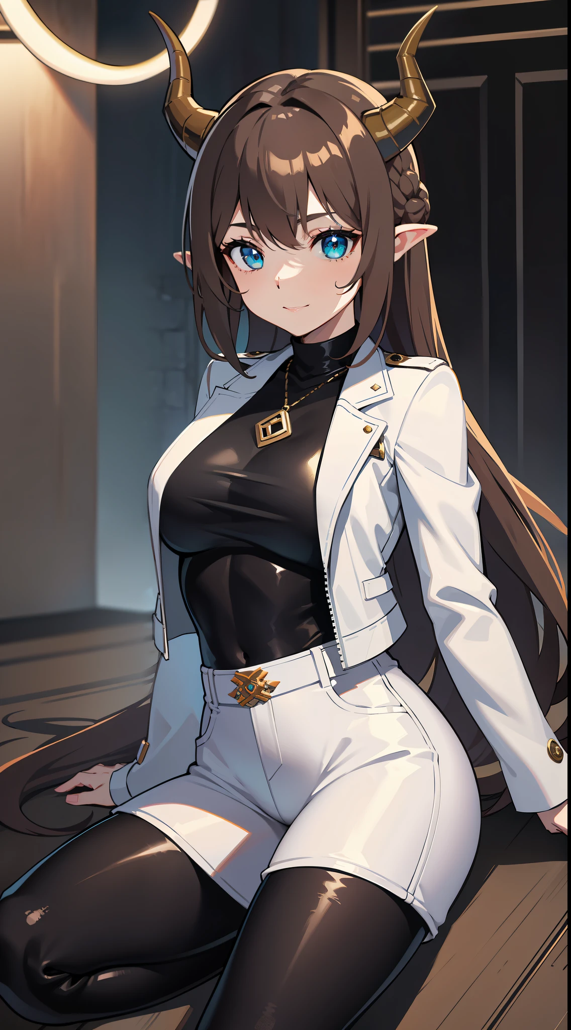 Adult woman, Long brown hair, hair in a bun, Cyan eyes, dragon horns, black tight pants, Black tight top, White leather jacket, ssmile, Masterpiece, hiquality