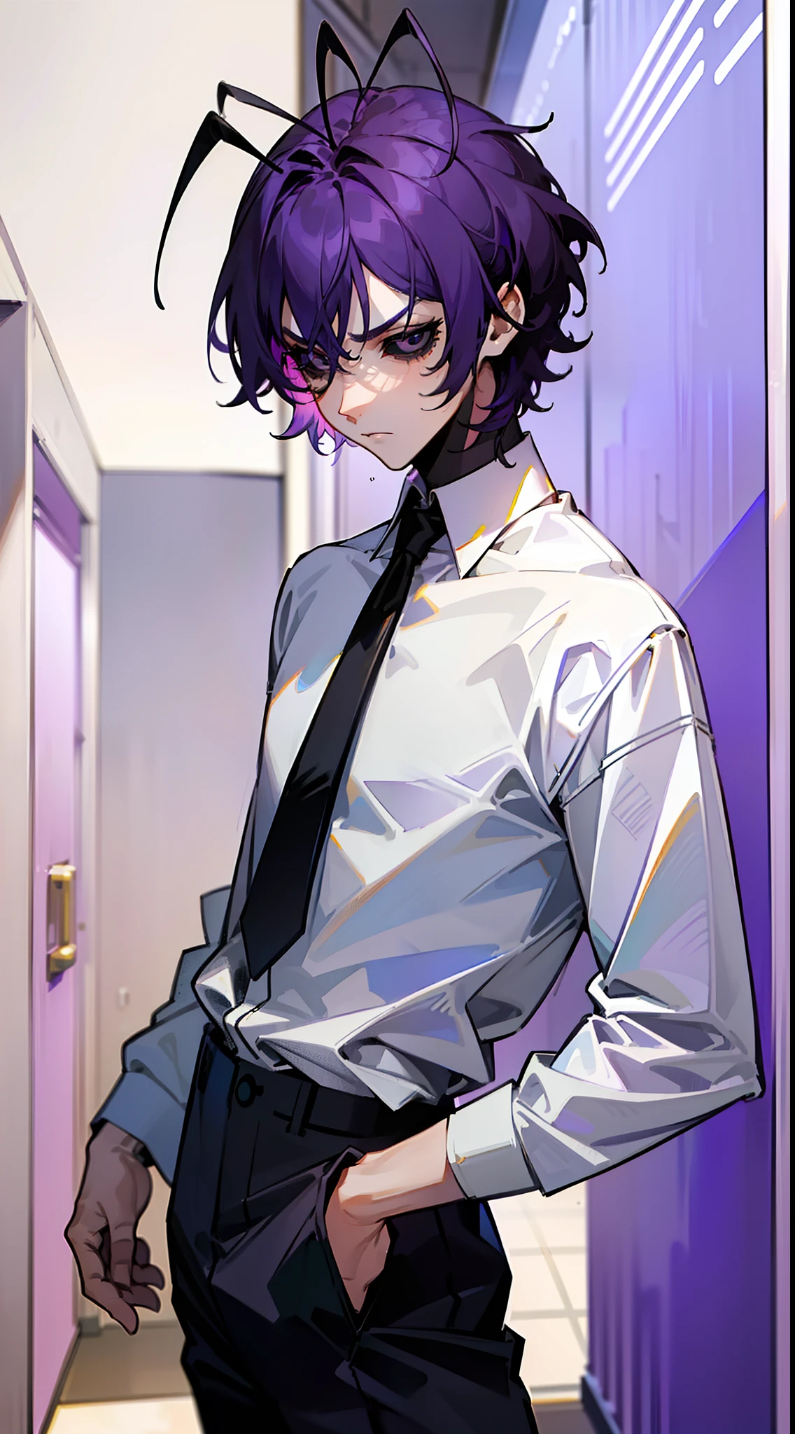 (Original Character,8k, Masterpiece, Best Quality,Detailed, Beautiful Detailed Eyes, solo),1boy,tall,fine skin,cowboy shot,(black eyes),black sclera,purple hair,short hair,(((hair 2antennas))),white shirt,black pants,black tie,standing in a school hallway,serious face