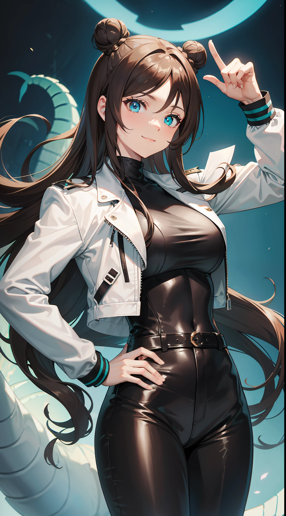 Adult woman, Long brown hair, hair in a bun, Cyan eyes, dragon horns, black tight pants, Black tight top, White leather jacket, ssmile, Masterpiece, hiquality