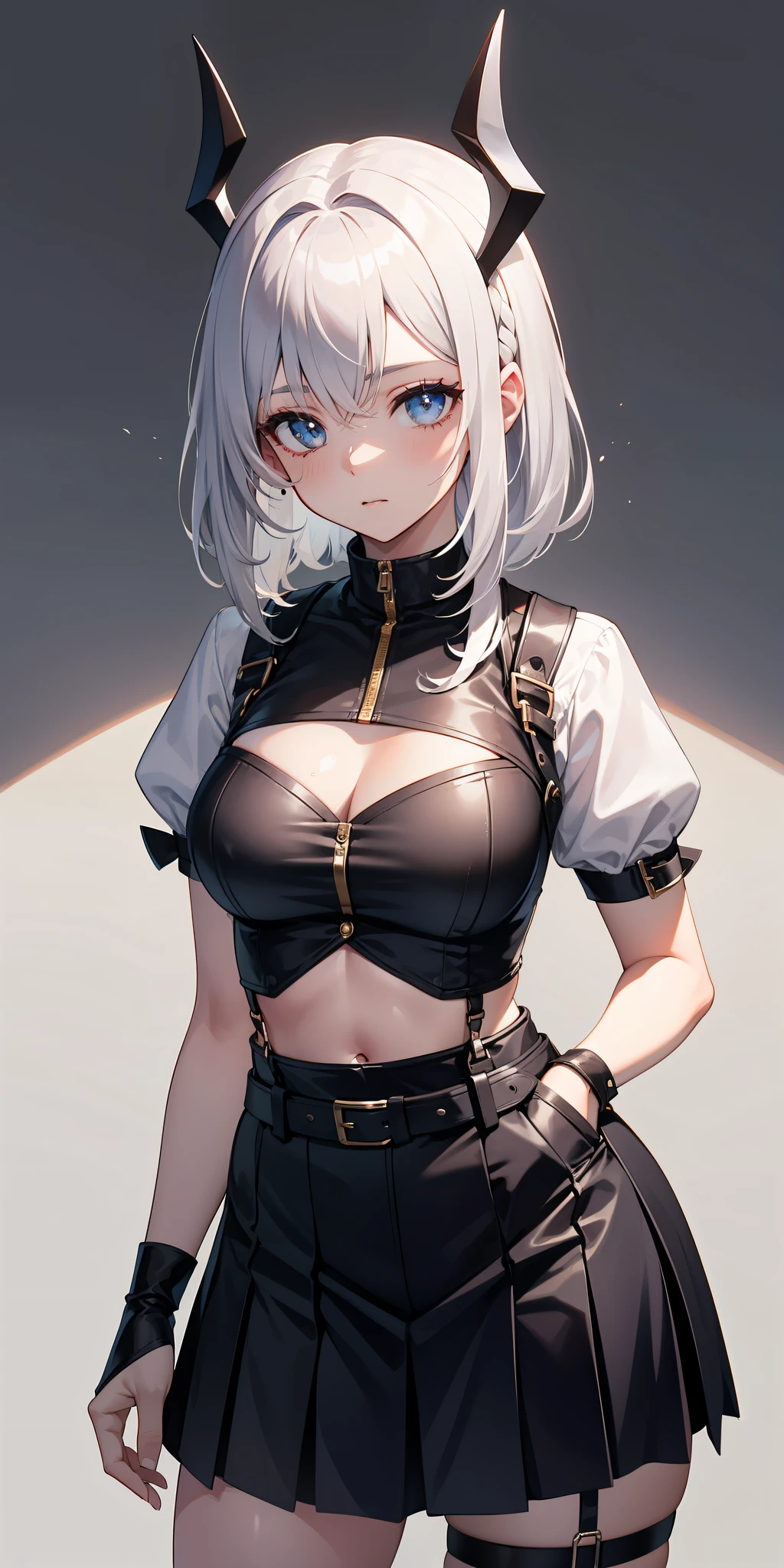 master part, best quality, alto, clearire2, 1girl, sister cleaire, soio, cabelos longos, roupas abertas, black skirt, Meias pretas, mangas compridas, chest harness, jaqueta aberta, camisa preta, dois lados para cima, jaqueta de sobretudo preta, franja, topo de corte, minissaia, belt, kalap, O-Anel, diafragma, cabelos castanhos claros, olhos amarelos, fora do ombro, seios grandes, thigh strap, saia plissada, Eye suspenders, olhos castanhos, Camisa cropped, Rua, WMASK, stand, hand in pocket,