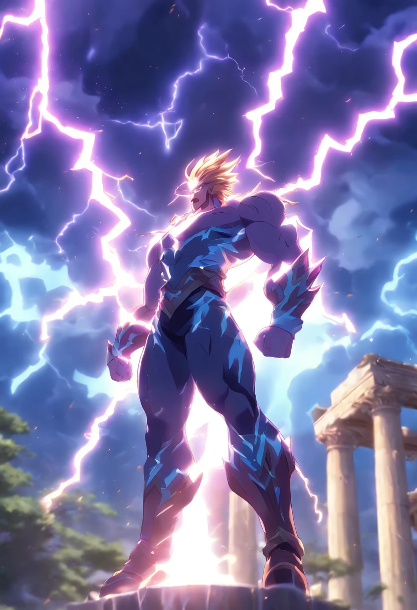 (((Holding lightning)))best quality, very high resolution, 4K detailed CG, master piece, Greek mythology, Zeus, god of lightning, lightning, thunder, vegetable garden, Greece, Greek ruins in the background, Greek garden, Greek columns ,((Holding lightning in hand)),Roman mythology,god Jupiter,aesthetics,Beautiful image,centered on the screen