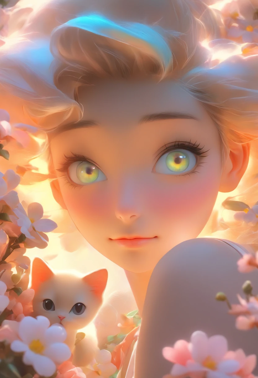 detail, Realism, 4K, 15-year-old girl, facial detailing, large yellow eyes, Plump lips, Upturned nose, Gray hair on pink hair, Wearing a white dress, Cat in his hands, Flowers in the background, White butterfly in the foreground, Realistic shooting, depth of fields, Soft front light, Glow, nffsw (PastelColors: 1.2), Canon RF 100mm f2.8L 宏 IS USM