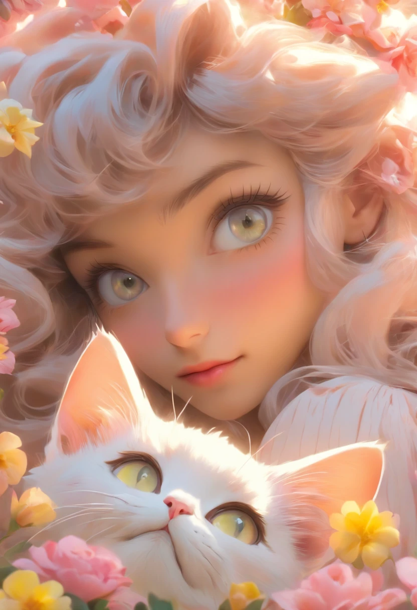 detail, Realism, 4K, -yeld gi facial detailing, large yellow eyes, Plump lips, Upturned nose, Gray hair on pink hair, Wearing a white dress, Cat in his hands, Flowers in the background, White butterfly in the foreground, Realistic shooting, depth of fields, Soft front light, Glow, nffsw (PastelColors: 1.2), Canon RF 100mm f2.8L 宏 IS USM