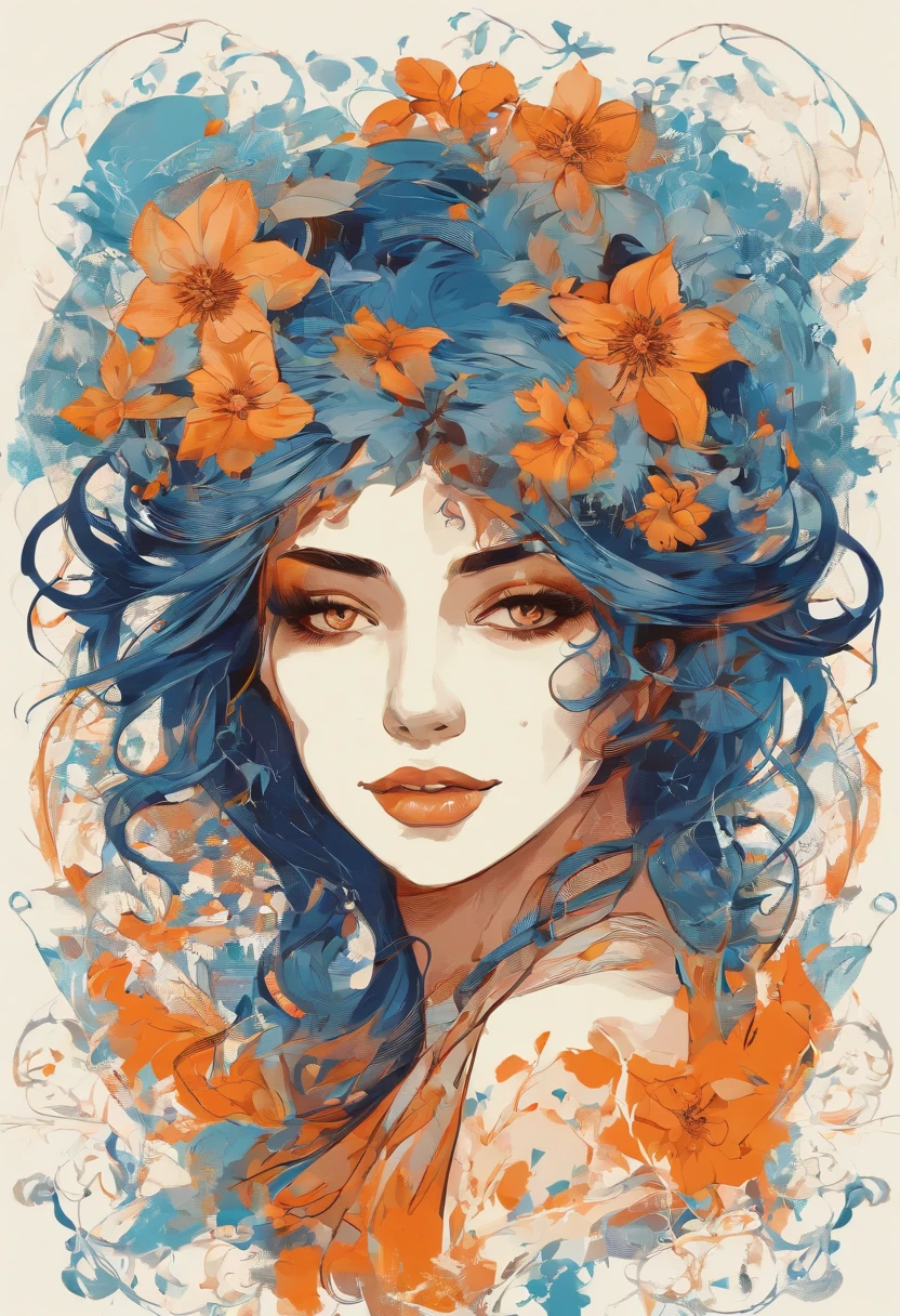 masterpiece, (beautiful and aesthetic:1.5), surrealism, highly detailed, a portrait painting of 1girl with orange and blue color pallet, hard brush, minimalist low poly collage illustration, splatter oil paintings effect, city portraits, heavy inking,