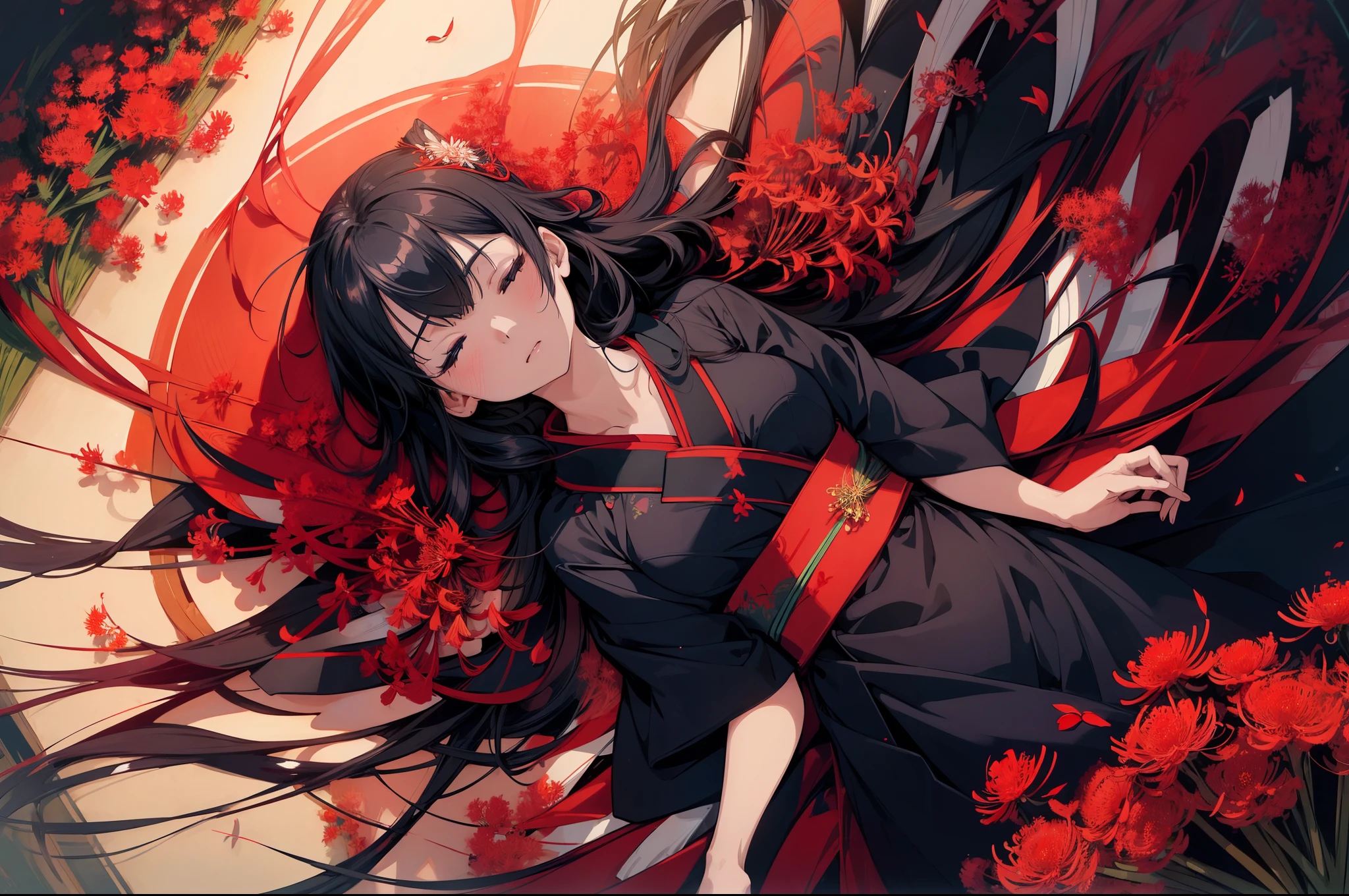1 girl, (wide shot), lying on red spider lilies ,(from above) , dutch angle ,cinematic angle, dark blue kimono, closed eyes, background Red spider lilies ,high resolution,(incredibly absurdres),anime visual,extremely detailed CG unity 8k wallpaper, ((masterpiece)), ((top-quality)), (beautiful illustration), ((an extremely delicate and beautiful))