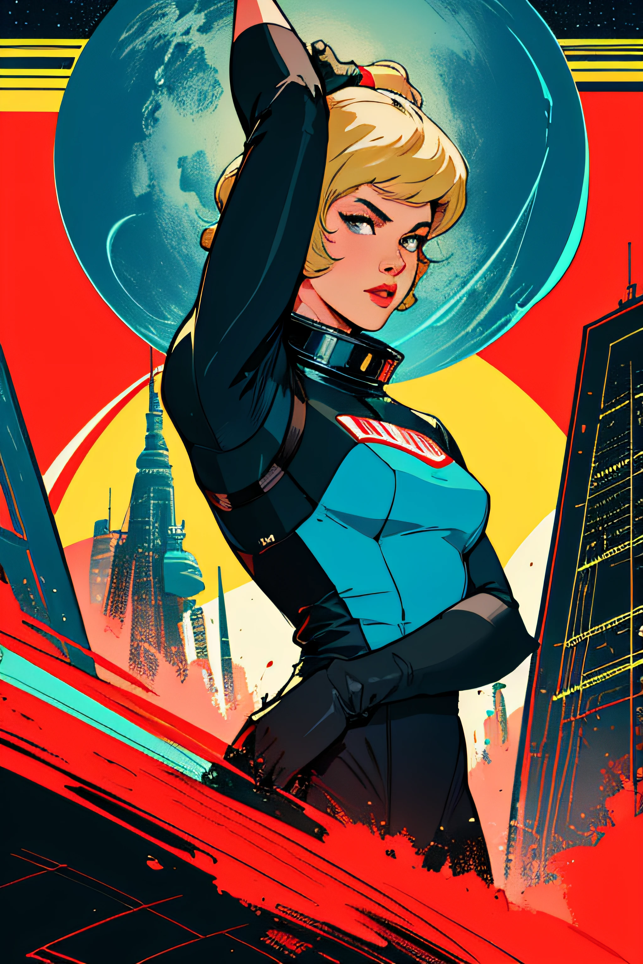 (Masterpiece, Best Quality), 8k Wallpaper, highly detailed, vintage science fiction, 1960s, sexy female space thriller cinematic movie poster, Bauhaus, shapes, lines, abstract, propaganda, mid century modern, movie poster, vintage,