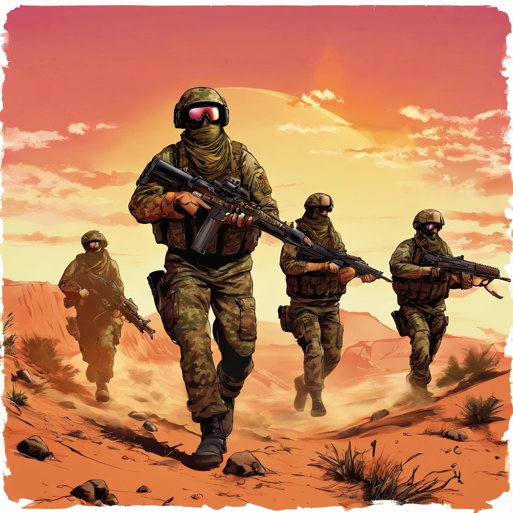 A small group of german KSK operators in 'Tropentarn' camouflage fighting uphill towards an enemy position. One of the operators is female and she will be at the center of the image. Only one of the operators is female, the rest are male. The terrain will be a rocky, mountainous desert. The operators will be firing their weapons uphill, and tracers will be seen both being fired from the operators and being fired back at them. The enemy must be visible in the distance. The operators must wear helmets.