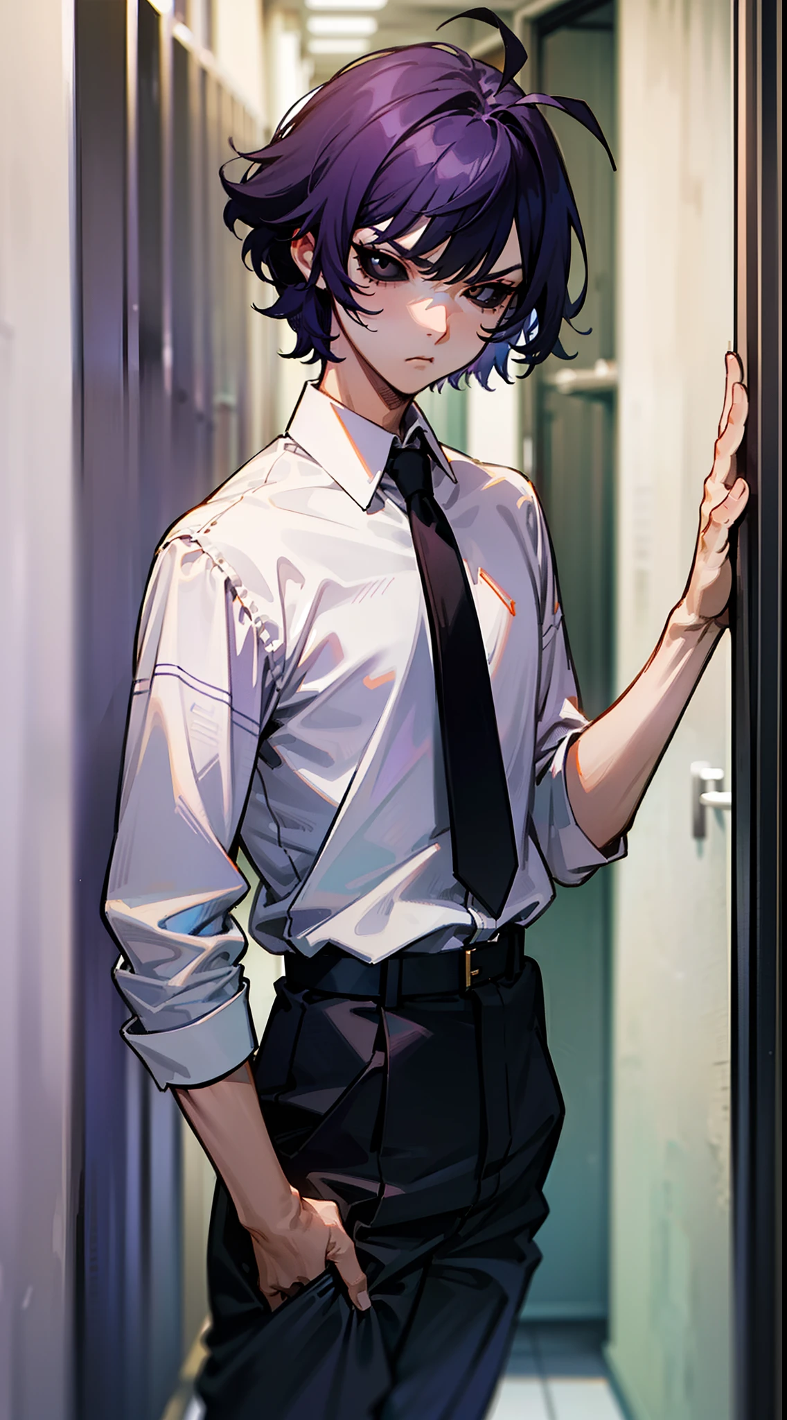 (Original Character,8k, Masterpiece, Best Quality,Detailed, Beautiful Detailed Eyes, solo),1boy,tall,fine skin,cowboy shot,(black eyes),black sclera,purple hair,short hair,(hair antennas),white shirt,black pants,black tie,standing in a school hallway,serious face