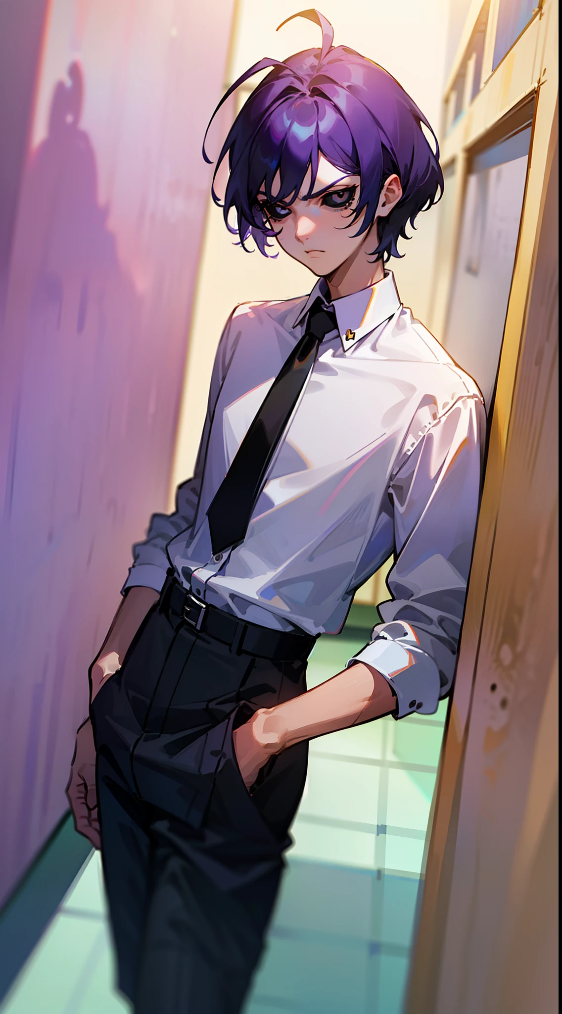 (Original Character,8k, Masterpiece, Best Quality,Detailed, Beautiful Detailed Eyes, solo),1boy,tall,fine skin,cowboy shot,(black eyes),black sclera,purple hair,short hair,(hair antennas),white shirt,black pants,black tie,standing in a school hallway,serious face