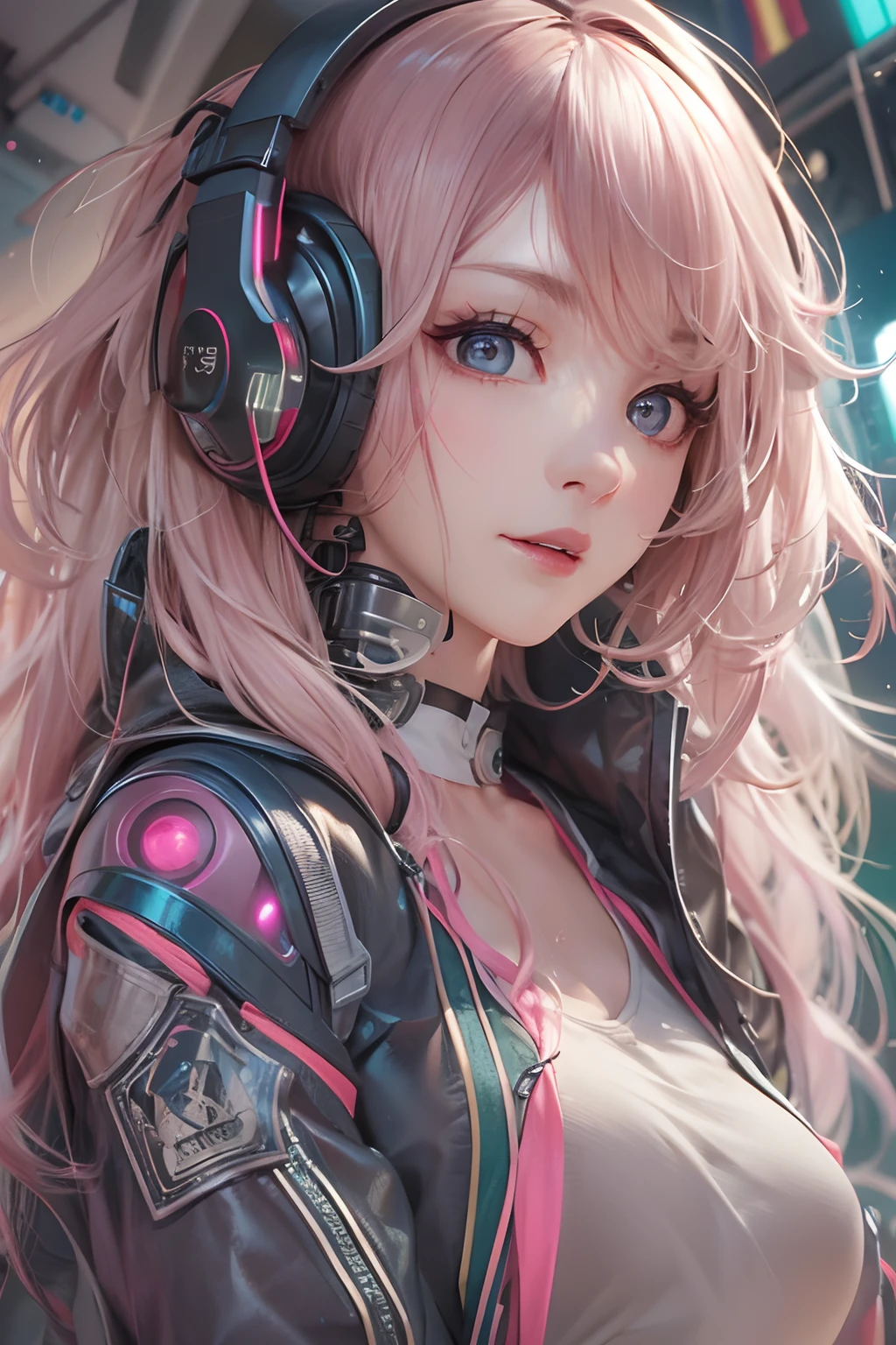 Femme cyborg, Mechanical face, circuits imprimés sur le corps, Electrical wiring, purple hair, Longhaire, dark room