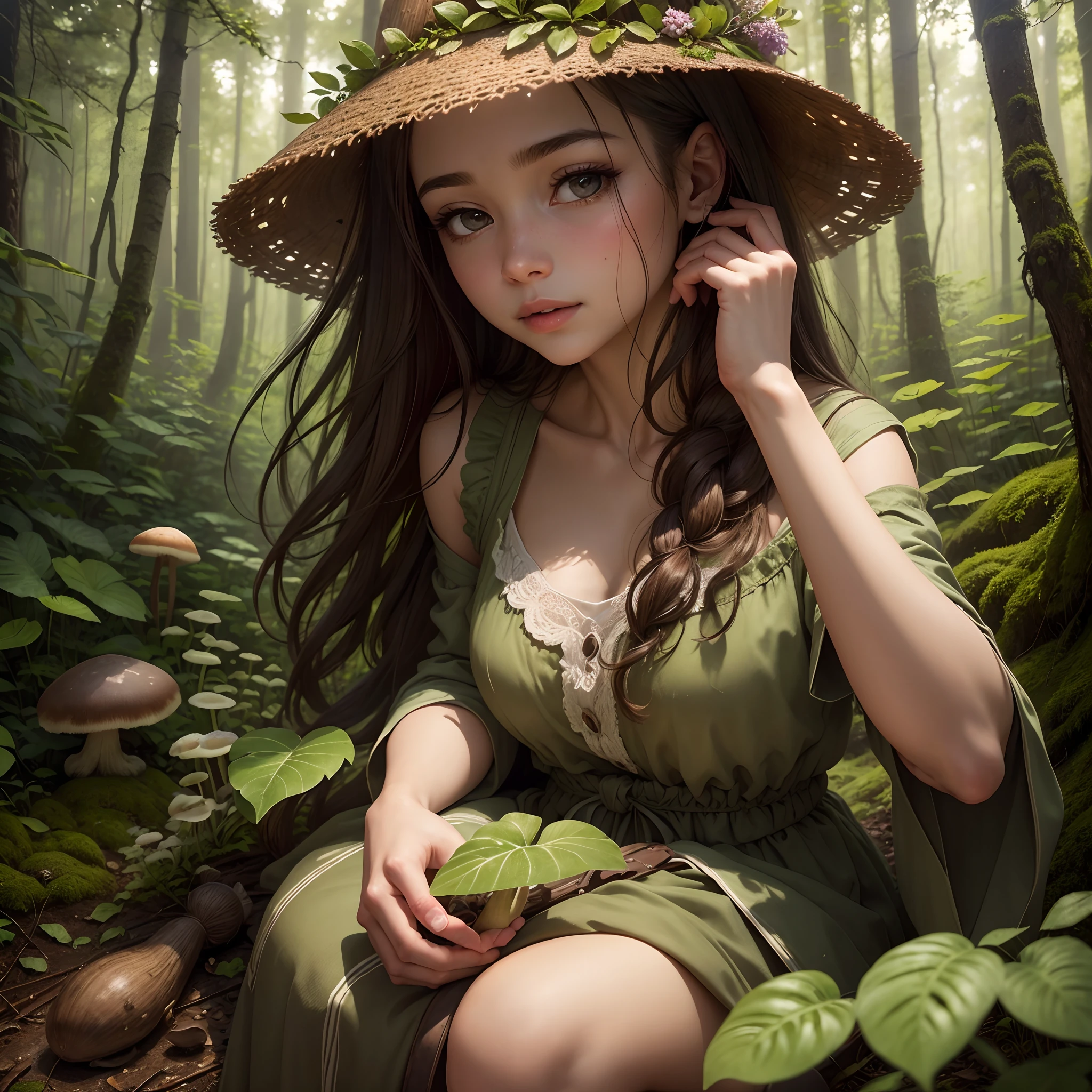 a girl mushroom picker,picking mushrooms from the forest floor,beautiful detailed eyes,beautiful detailed lips,extremely detailed face,long eyelashes,natural light,medium:oil painting,ultra-detailed,realistic:1.37,vivid colors,forest backdrop,peaceful atmosphere,hint of sunlight filtering through the trees,warm color tones,soft shadows,creamy texture,misty morning,refreshing,humid air,lush vegetation,variety of mushrooms,fungi diversity,surrounded by tall trees,playful squirrel jumping on a branch,hidden treasures in the undergrowth,serene expression on her face,delicate fingers delicately plucking mushrooms,forest sounds,quiet footsteps,fragrance of the earth,subtle details of the forest flora and fauna,surrounded by nature's beauty,harmony with the forest,natural materials,rich earthy colors,artistic interpretation,sublime scene,photorealistic:1.37.