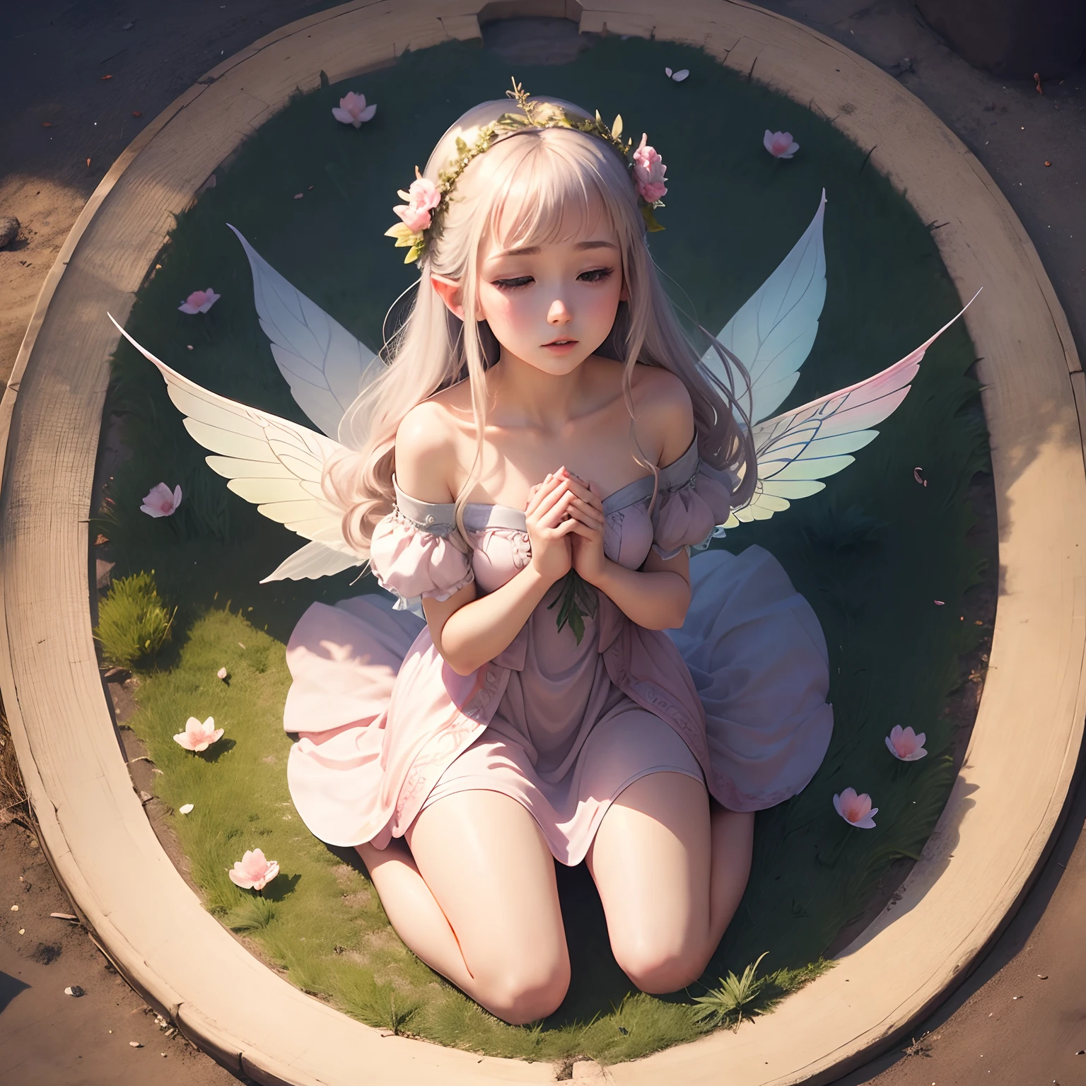Kneeling Fairy, Pray with your hands together and looking upwards, a beauty girl, In the center of the image 、pluma