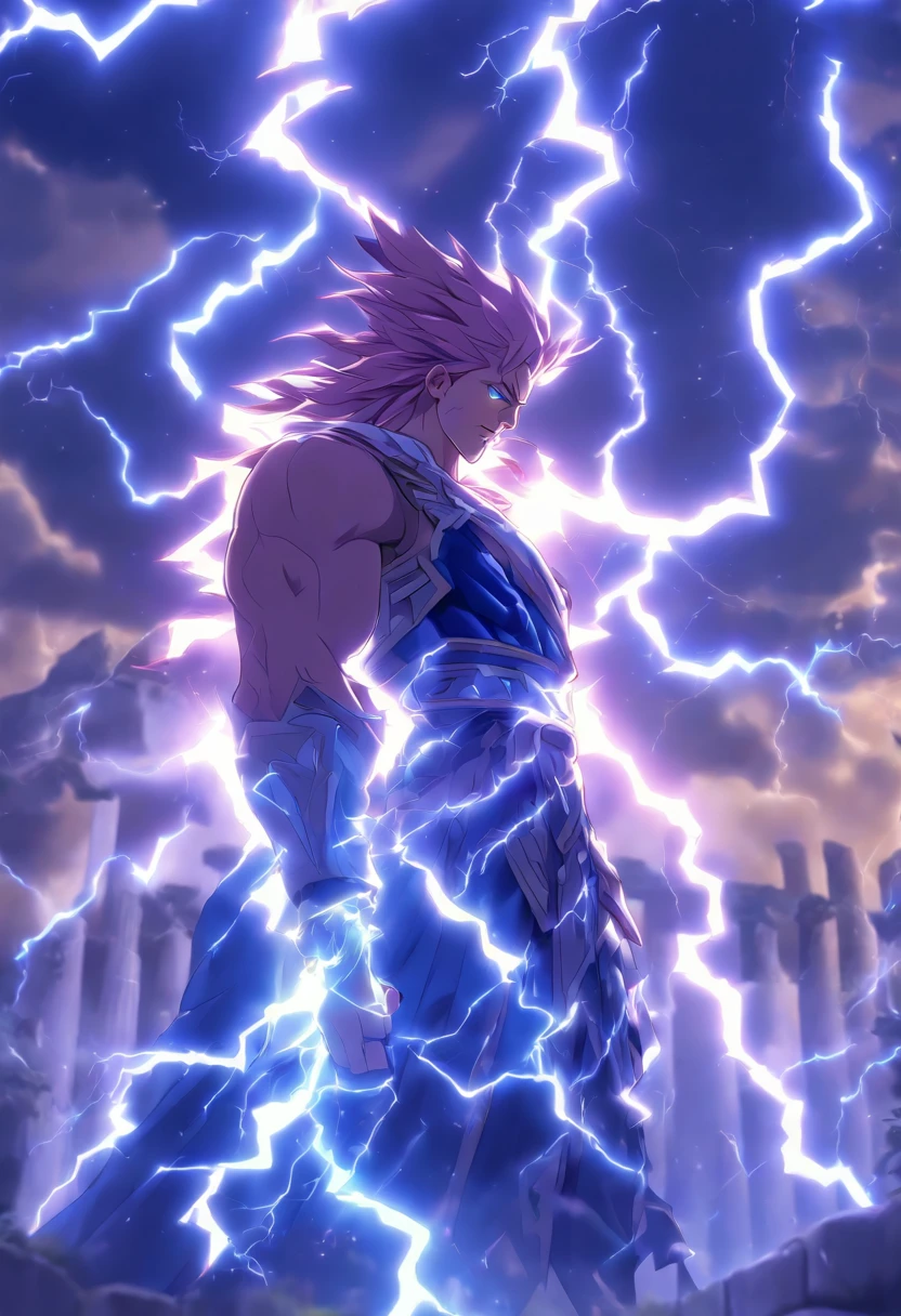 (((Holding lightning)))best quality, very high resolution, 4K detailed CG, master piece, Greek mythology, Zeus, god of lightning, Greece, Greek ruins in the background, Greek garden, Greek columns, ((old man) ),Roman mythology,god Jupiter,aesthetics,Beautiful image,centered on the screen