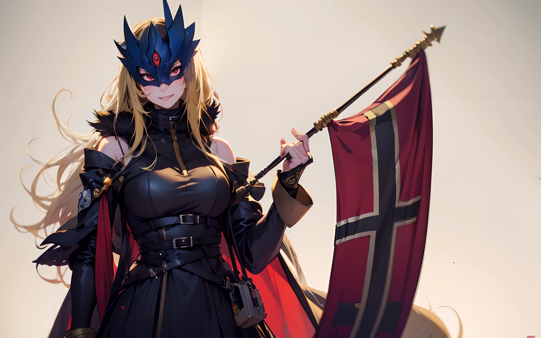 beelstarmon, (blonde hair, half mask, long hair:1.7), 1girl, breasts, hand_on_hip, black_dress, dress, bare_shoulders, solo, bangs, fur_trim, looking_at_viewer, holding, detached_sleeves, flag, fur_collar, grey_background, large_breasts, standing, long_sleeves, bridal_gauntlets, closed_mouth, holding_flag, glow effects, godrays, Hand drawn, render, 8k, octane render, cinema 4d, blender, dark, atmospheric 4k ultra detailed, cinematic, Sharp focus, big depth of field, Masterpiece, colors, 3d octane render, 4k, concept art, trending on artstation, hyperrealistic, Vivid colors, extremely detailed CG unity 8k wallpaper, trending on CGSociety, Intricate, High Detail, dramatic