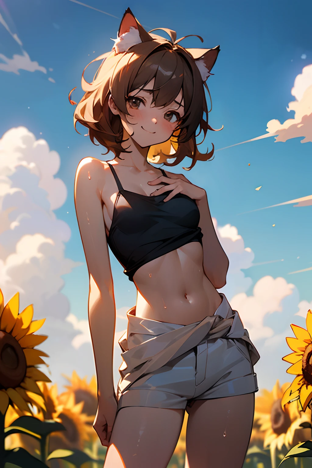 ((masterpiece)), wide shot, (Professional Photography:1.2), (Very messy medium hair、Cute teenage beautiful girl), summer sky, (cumulonimbus), sunflower, (exposed small breast, exposed cute stomach), sweaty, Tightly-fitting small white-camisole, Slender small breasts, shy and Smile, Textured skin, Cat ears, Pale brown hair, (hand on waist), ((Skin glowing with oil))