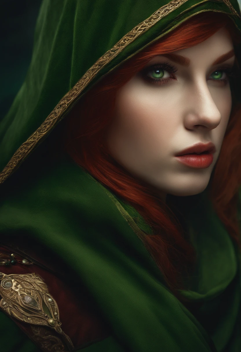 An assassin girl with red hair, pale skin and green eyes.