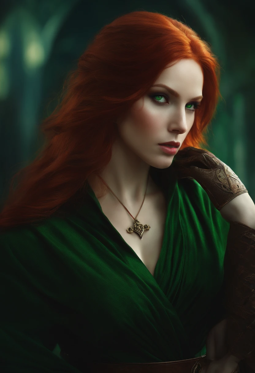 An assassin girl with red hair, pale skin and green eyes.