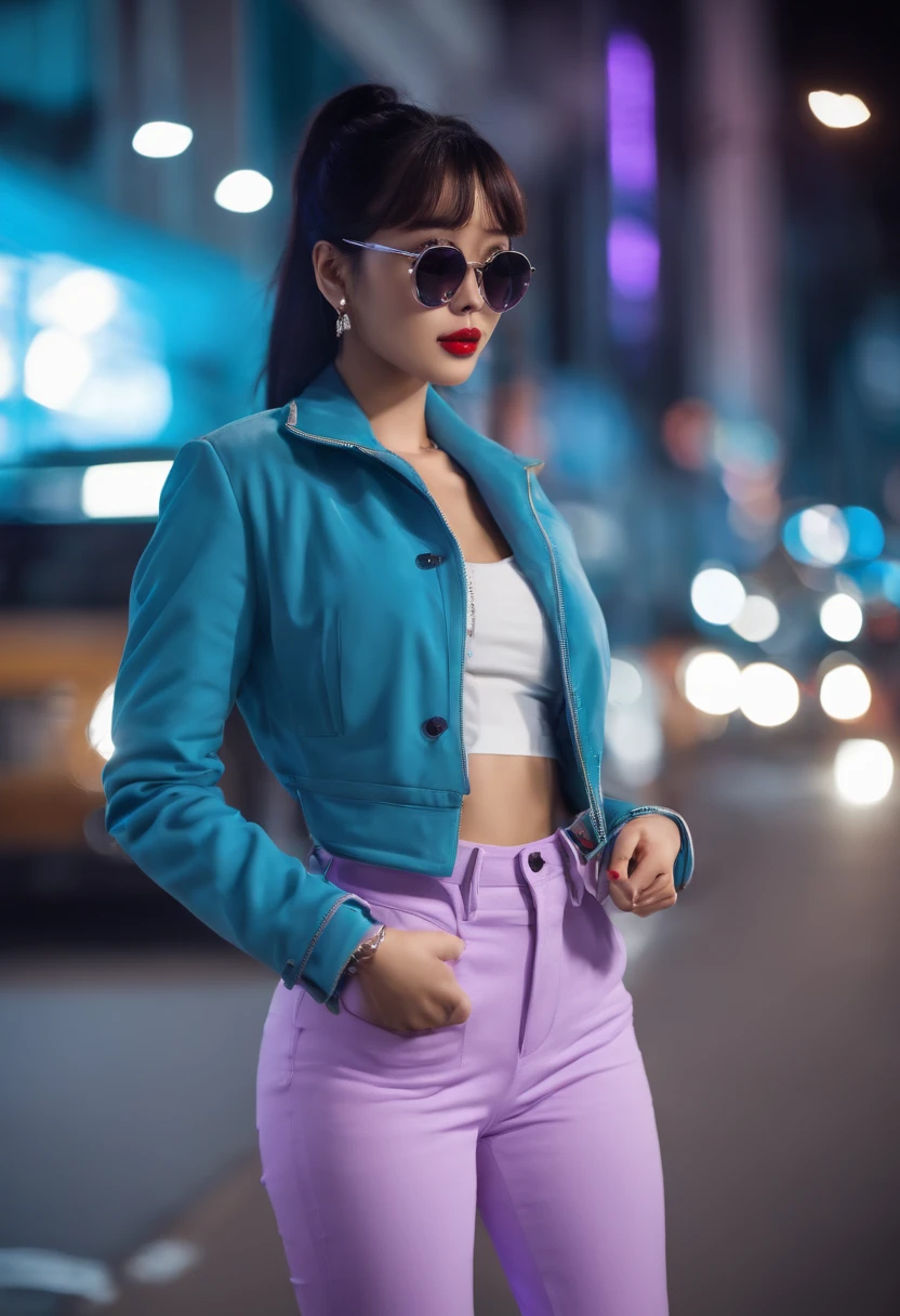 hot Beautiful Korean girl with big boobs and black hair and high ponytail and bangs and blue eyes and juicy lips and purple jacket and light blue jeans pants and and white string bra and white bag and white shoes and purple earrings and neon purple and black nails and white sunglasses on head with black lenses and purple lighting and in a city