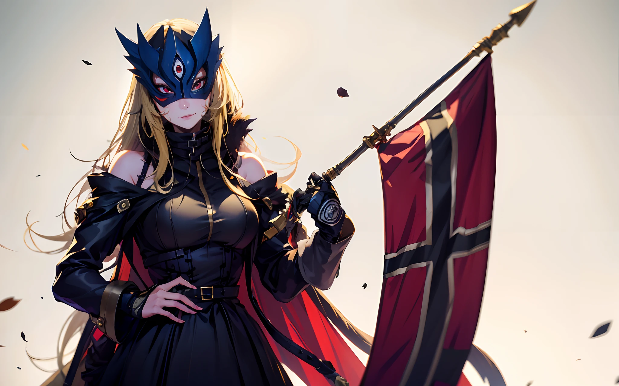 beelstarmon, (blonde hair, half mask, long hair:1.7), 1girl, breasts, hand_on_hip, black_dress, dress, bare_shoulders, solo, bangs, fur_trim, looking_at_viewer, holding, detached_sleeves, flag, fur_collar, grey_background, large_breasts, standing, long_sleeves, bridal_gauntlets, closed_mouth, holding_flag, glow effects, godrays, Hand drawn, render, 8k, octane render, cinema 4d, blender, dark, atmospheric 4k ultra detailed, cinematic, Sharp focus, big depth of field, Masterpiece, colors, 3d octane render, 4k, concept art, trending on artstation, hyperrealistic, Vivid colors, extremely detailed CG unity 8k wallpaper, trending on CGSociety, Intricate, High Detail, dramatic