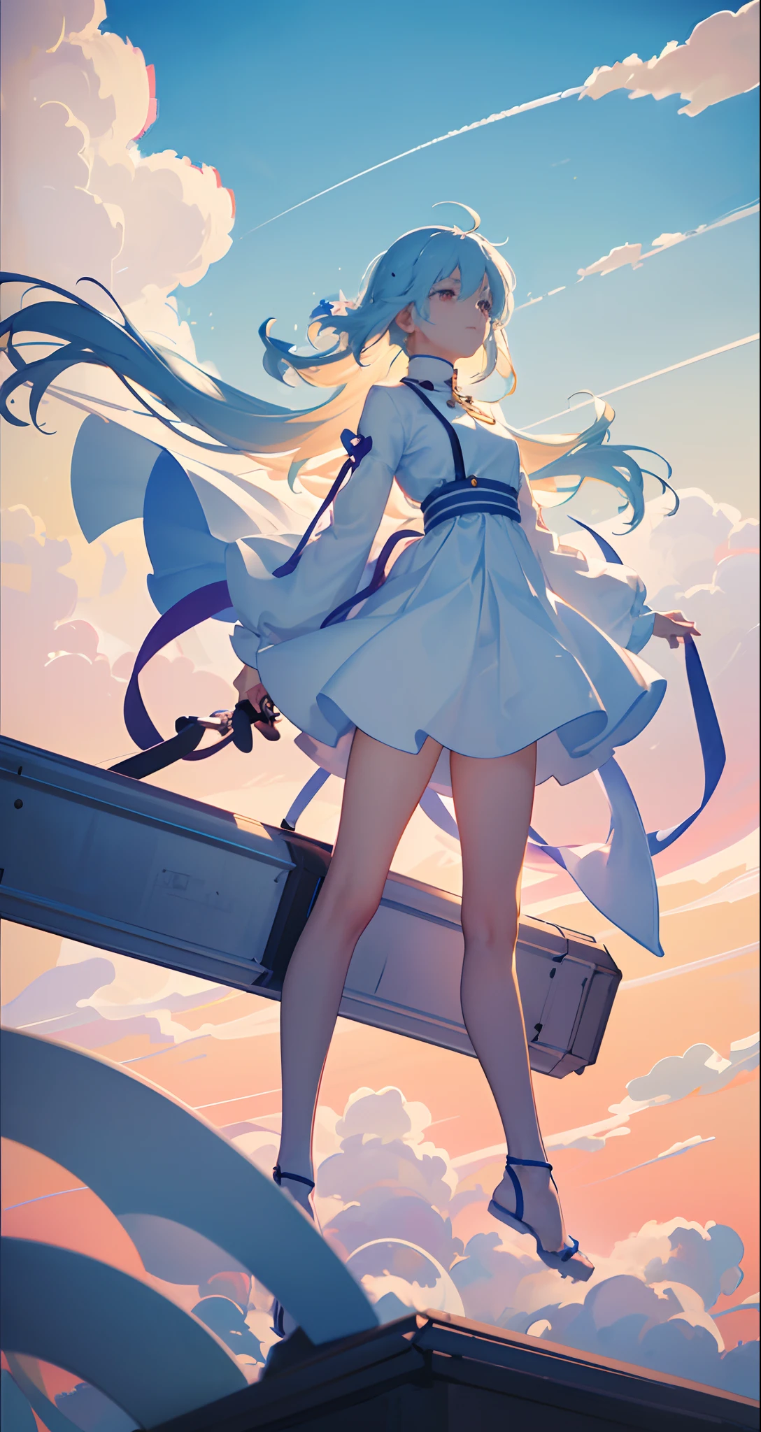 masterpiece、top-quality、Movie stills、One Girl、floating in sky、Cloud Girl、clouds、(a closeup:1.1)、with light glowing、happiness、A delightful、Soft lighting、(Bauhaus、form、line、abstracted:1.1)、nigh sky、stele、natta