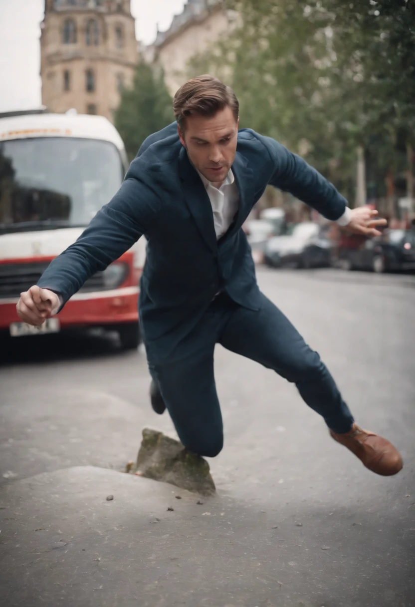 Man tripping over a rock in the street near a bus