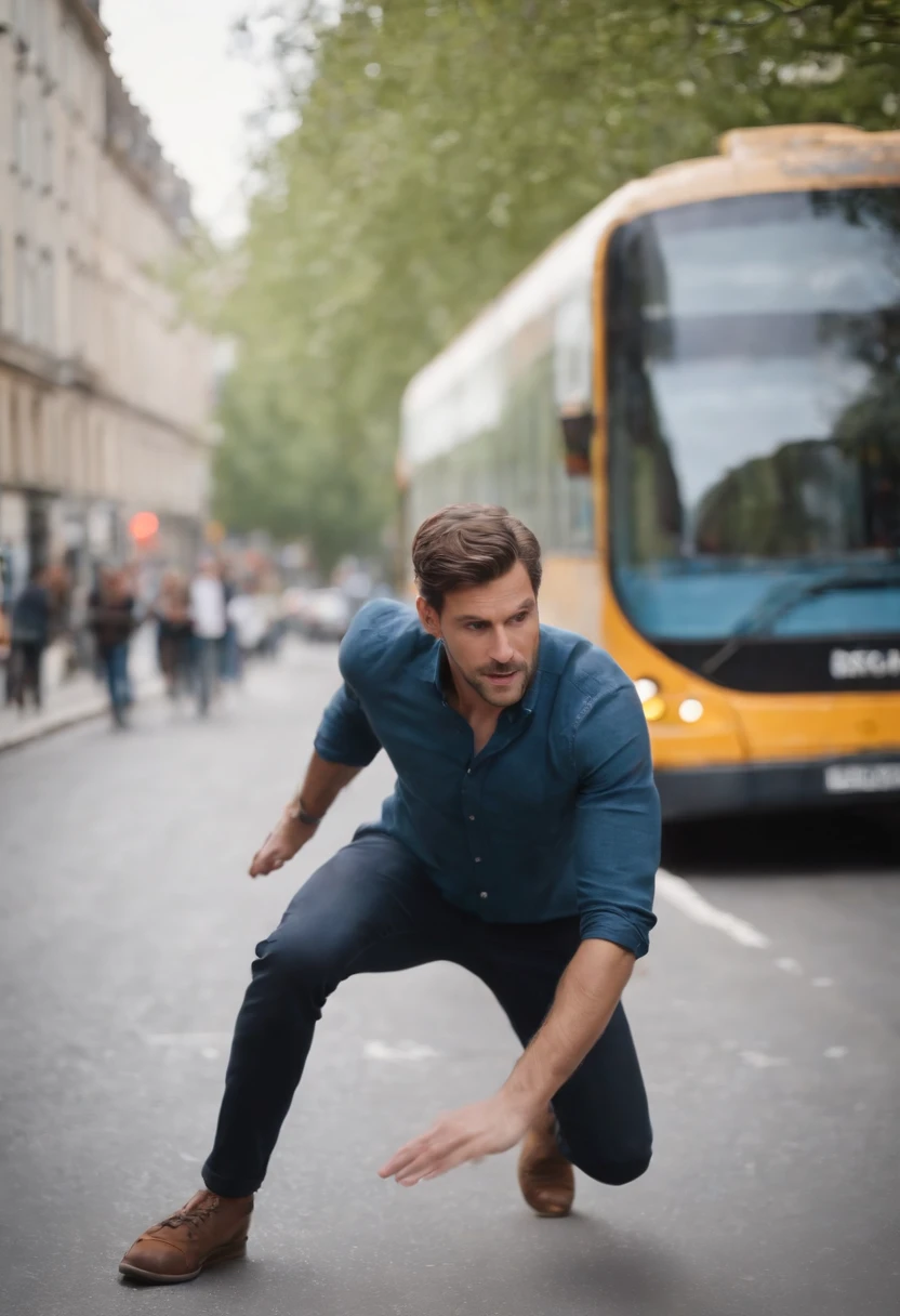 Man tripping over a rock in the street near a bus