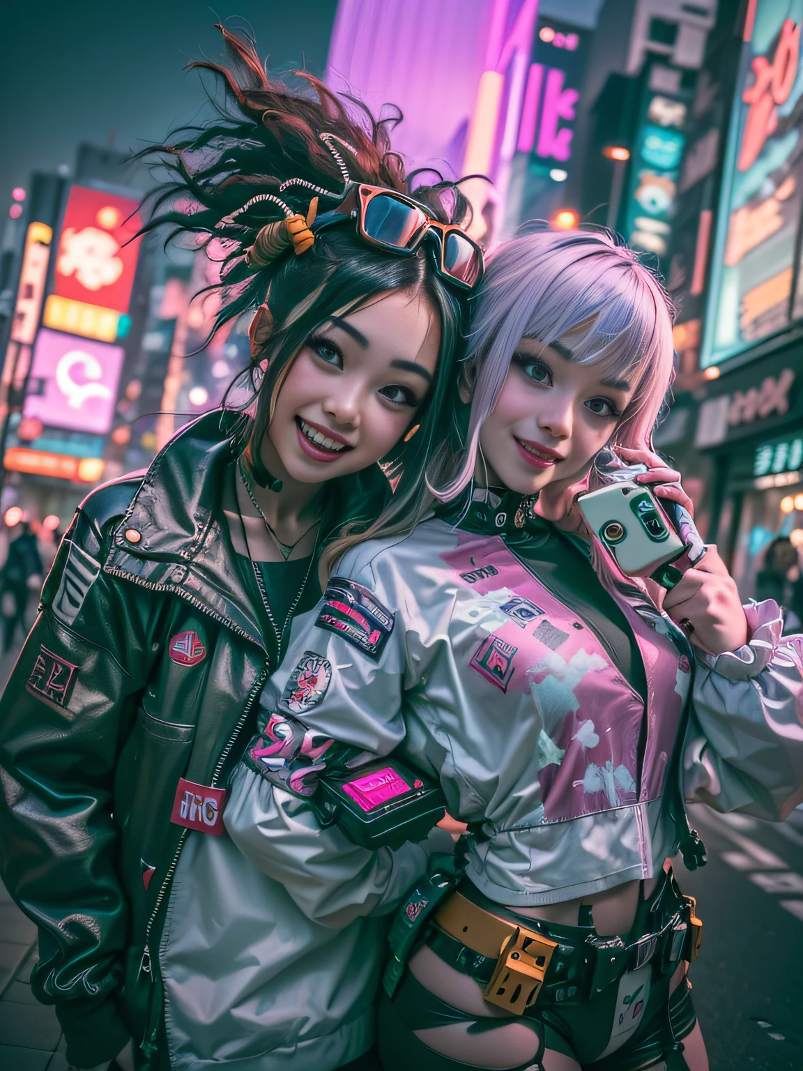 ((2 cyberpunk girls wearing Harajuku Tech costumes), (fisheyelens), self-shot, Cowboy shot, Wind, Messy hair, cyberpunk city landscape, (Aesthetics and atmosphere:1.2),Smiling, Laughing，wide wide shot