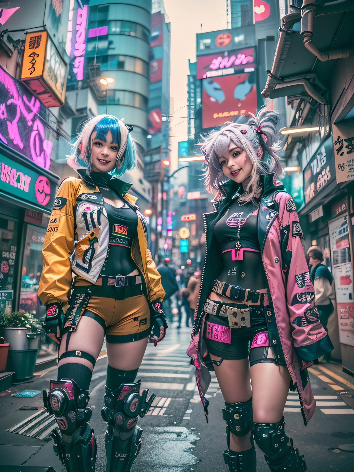 ((2 cyberpunk girls wearing Harajuku Tech costumes), (fisheyelens), self-shot, Cowboy shot, Wind, Messy hair, cyberpunk city landscape, (Aesthetics and atmosphere:1.2),Smiling, Laughing，wide wide shot