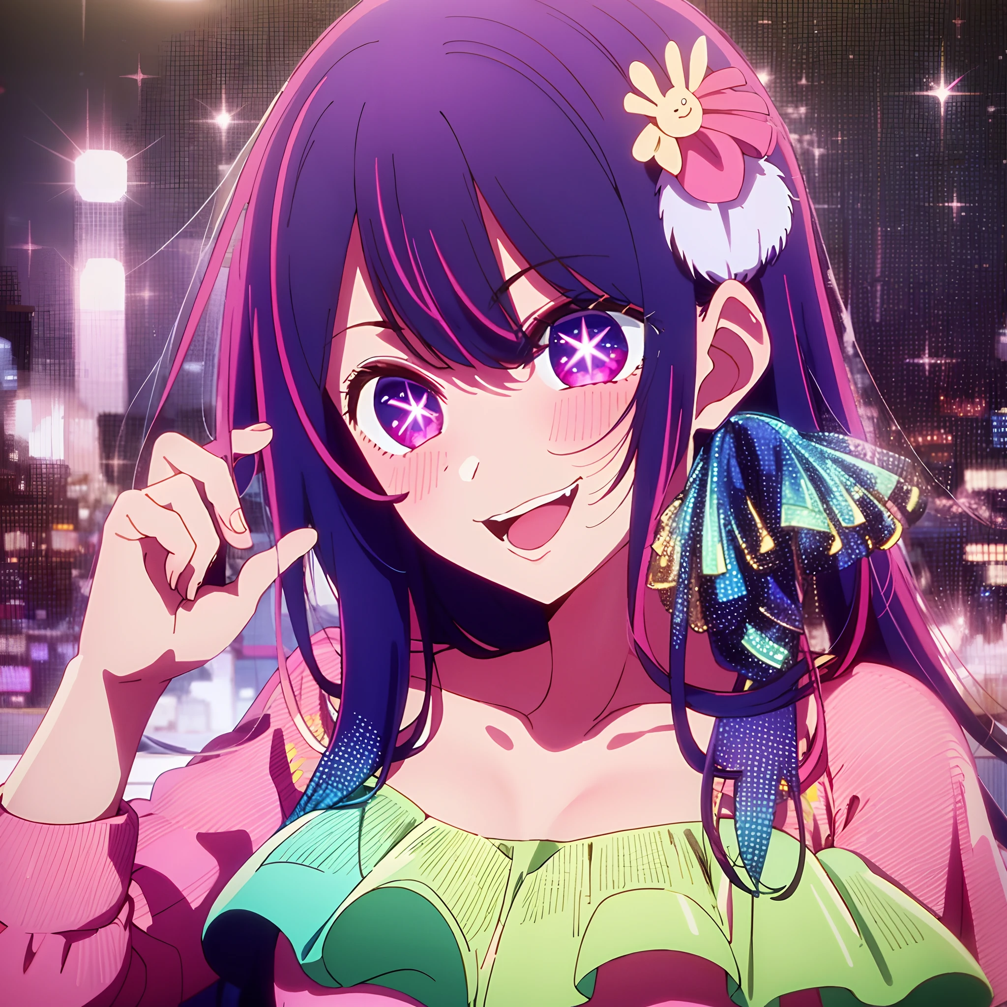 masterpiece、ighly detailed、(1 girl in:1.2)、purple color hair、pink dress、big eye、a closeup、A smile、8K 、Ai Hoshino、Live performance venue、dance、idol