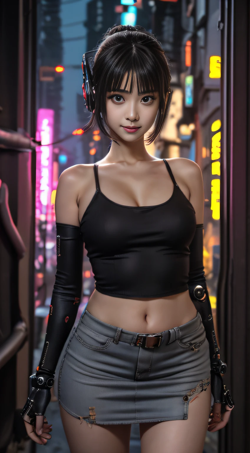 unreal-engine:1.4,hyper HD,Best quality:1.4, Fotorrealista:1.4, Skin texture:1.4, tmasterpiece:1.8, 1 Cyberpunk Girl, brunette color hair, glowy skin, 1 orange mechanical girl, (Super realistic details)), full bodyesbian, global ilumination, Contrast, Umbroso, rendering by octane, ultrasharp, exposed neckline, raw skin,Orange miniskirt, metal,Intricate yellow decorative details, Japan Details, High level of detail, realistic raytraicing, Trends in CG, in front of camera, neon light detail, Mechanical limbs, blood vessels attached to the tube, Mechanical vertebrae attached to the back, mechanical cervical attachment to the neck, wires and cables connecting to head, gundam, Small LED lamps. Girl、silber hair、Perfectly rounded pupils、Huge irisディテール, light smile,(Cyberpunk:1.3)