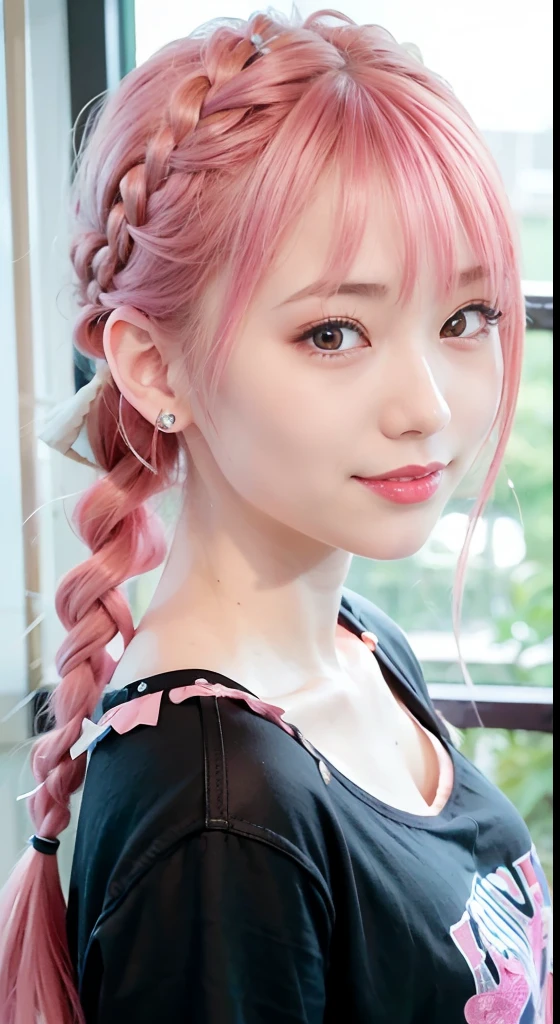 (ultra-detailliert), Black Psychedelic Shirt、Blue eyes,The upper part of the body、cowboy  shot、faces、(A smile:1.5),(facing front:1.2), 20yr old, teens girl,no tail,(no tail),2D, ​masterpiece, top-quality, animesque, A detailed eye, A detailed face, girl with, Only 1 person,Medium hair with pink hair, (Pink hair),  Ear Hair, small , Single braid, (Single braid), (Side braid), Pink ribbon, Ribbon around the neck, Background bokeh