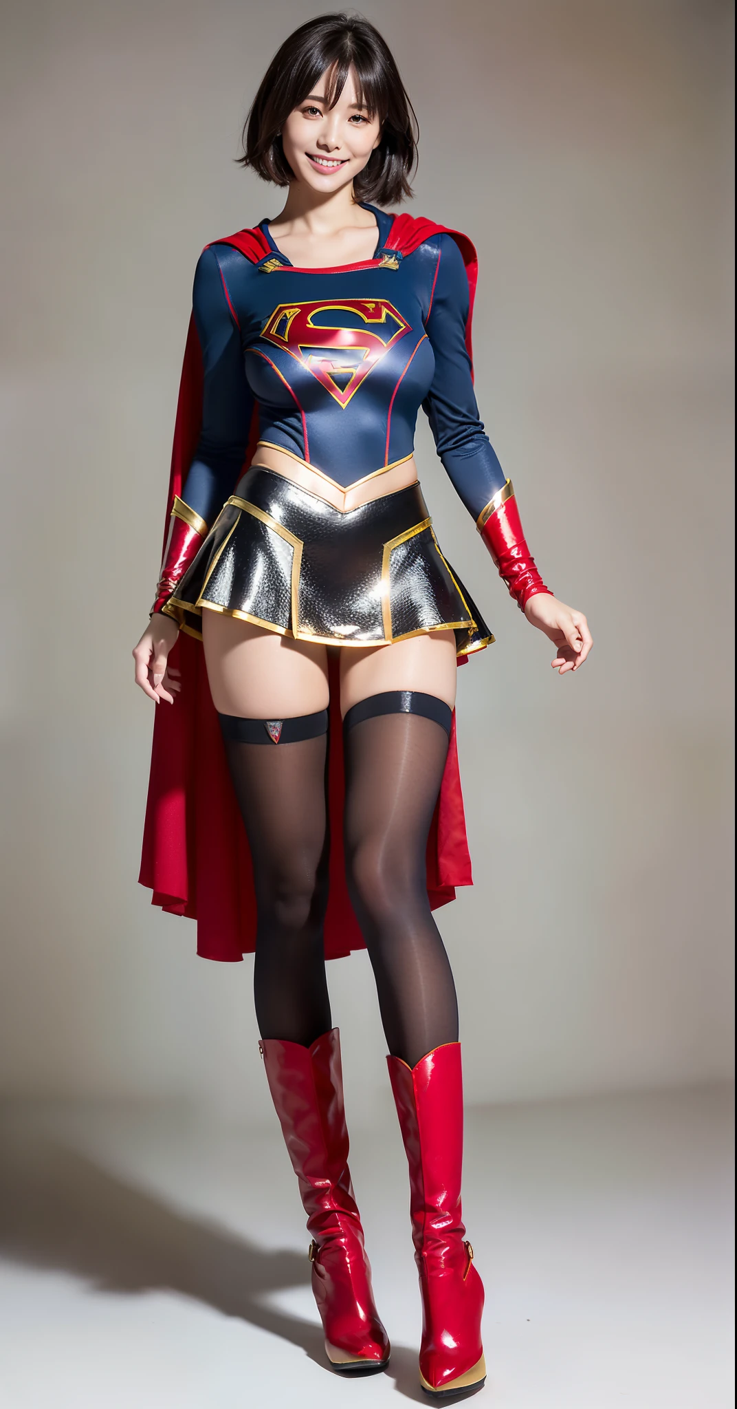 fainting、Be sure to wear black tights、(((Make the most of the original image)))、(((Supergirl Costume)))、(((shiny short hair)))、(((Suffering)))、(((Feet must necessarily be worn with black tights)))、(((Smile)))、(((You need to wear red boots)))、((Top image quality、8K))、((top-quality、8K、masterpiece:1.3))、(((Keep your background simple)))、Crisp focus:1.2、Beautiful woman with perfect body shape:1.4、Slender Abs:1.2、((layers-Cut、large boob:1.2))、a wet body:1.5、Highly detailed facial and skin texture、