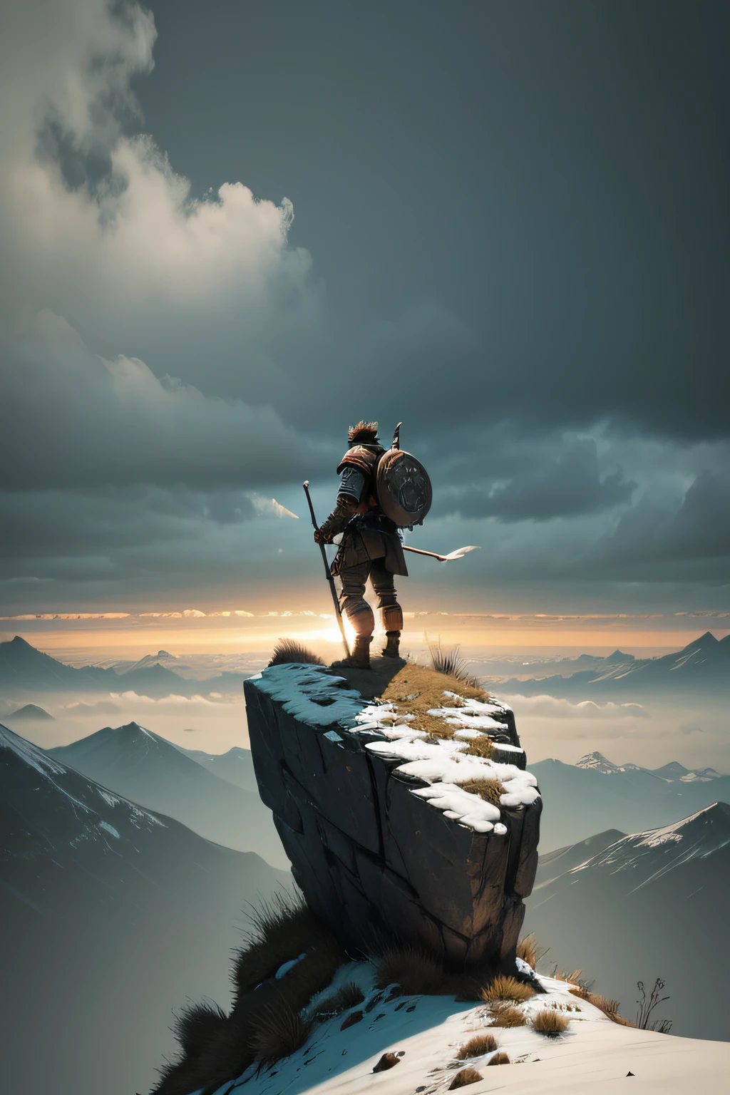 A lone warrior on top of a mountain